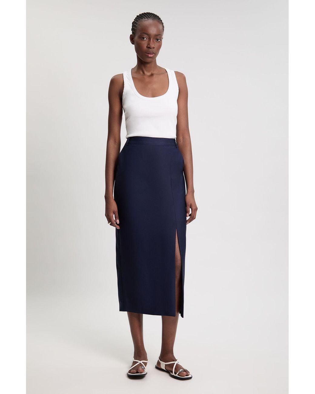 Karen Millen Blue Petite Tailored Satin Midi Pencil Skirt