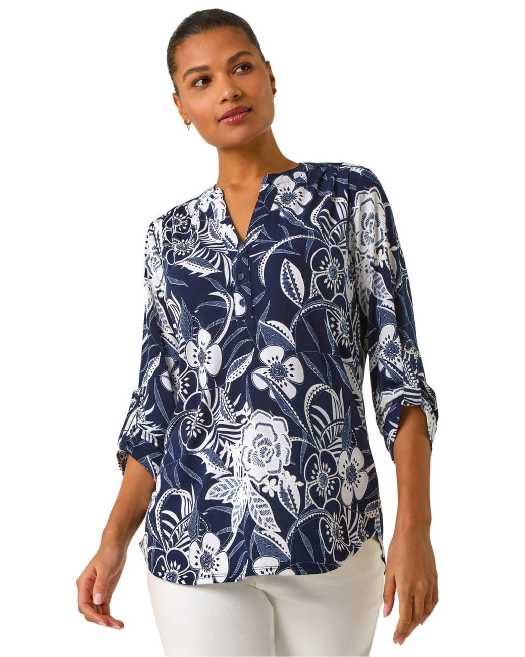 Roman Blue Textured Floral Print V-Neck Stretch Shirt