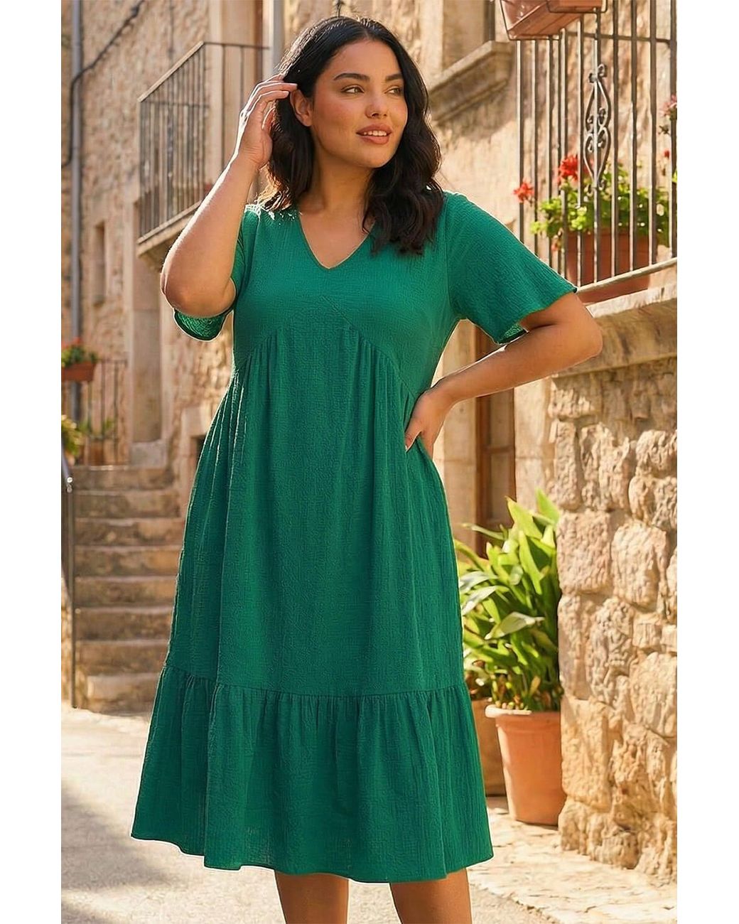 Roman Green Curve Textured V-Neck Midi Dress