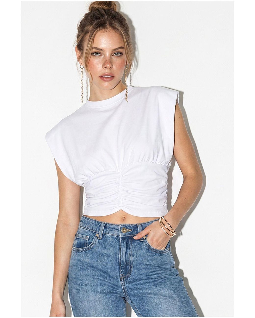 Bianco Lucci White Crop Strapless Jersey Blouse
