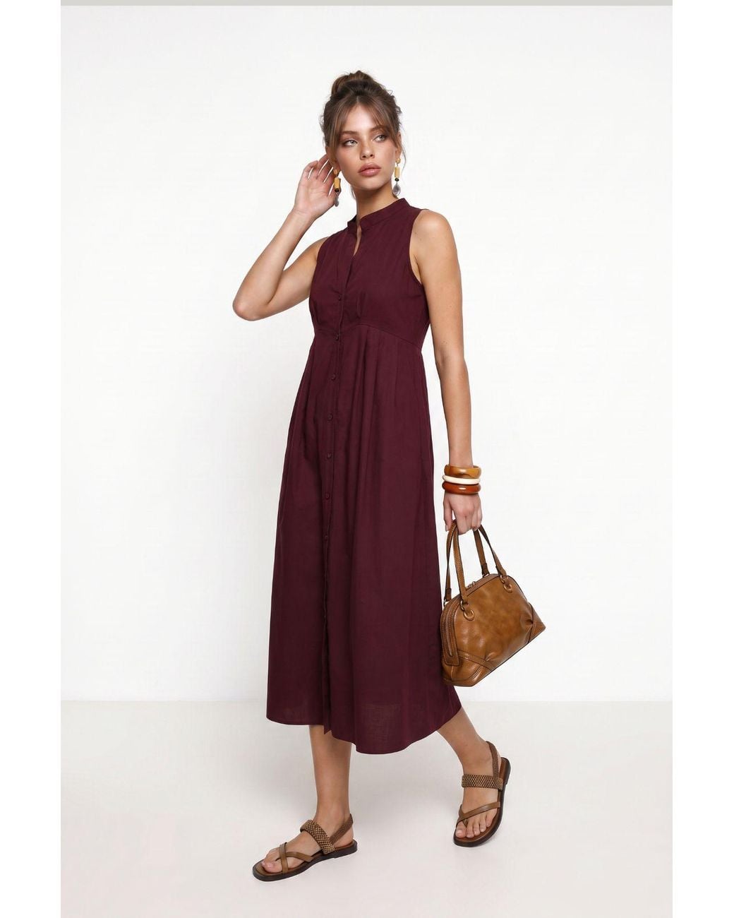 Happiness İstanbul Red Mandarin Collar Sleeveless A-Line Midi Dress