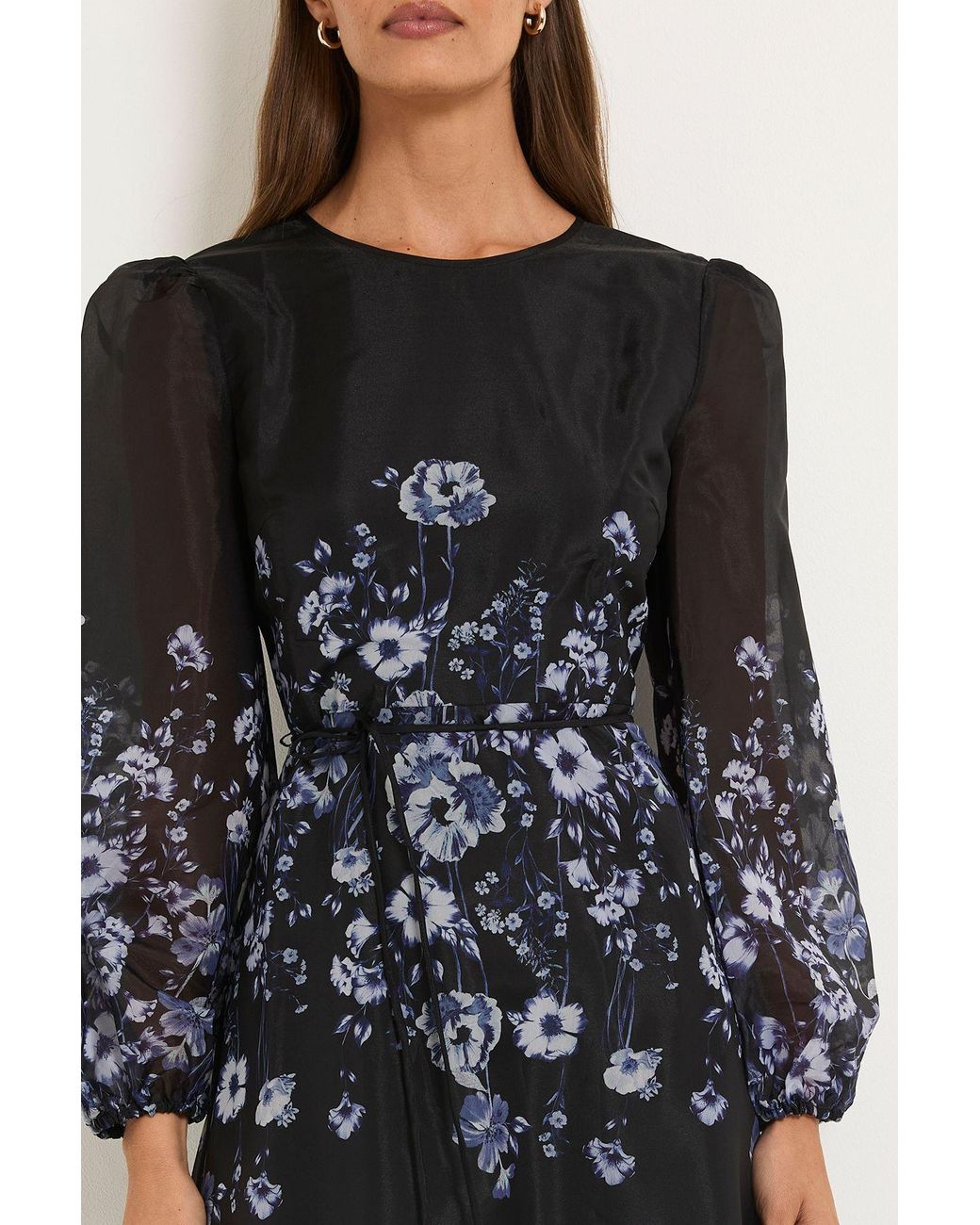Wallis Black Floral Placement Organza Midi Dress