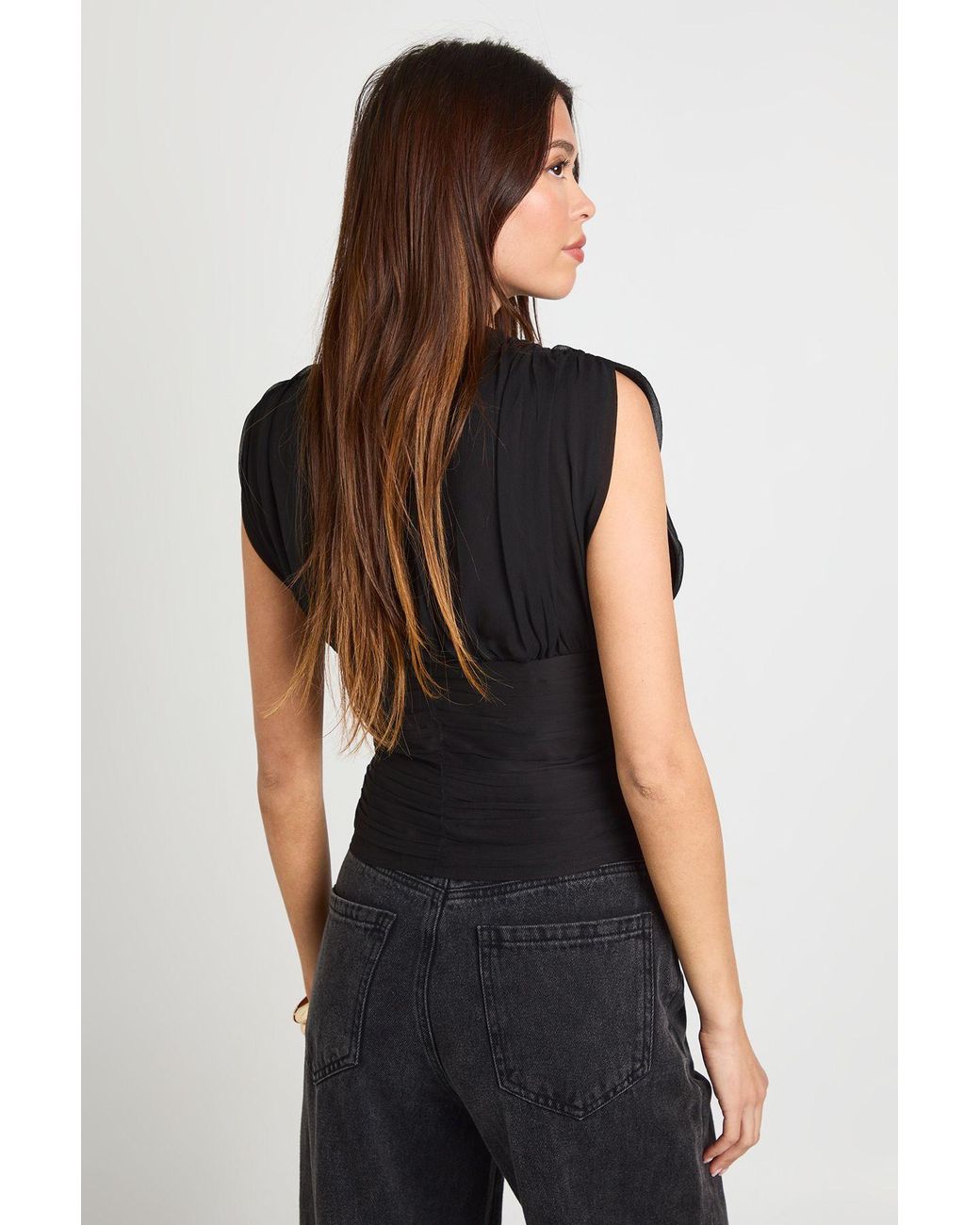 Boohoo Black Pleated Chiffon Plunge Top
