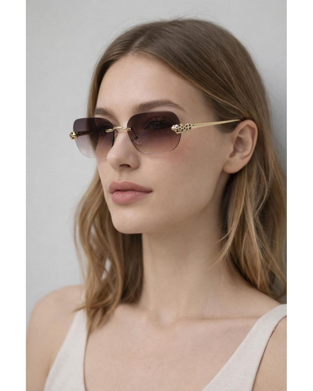 SVNX Brown Jaguar Detail Rimless Sunglasses