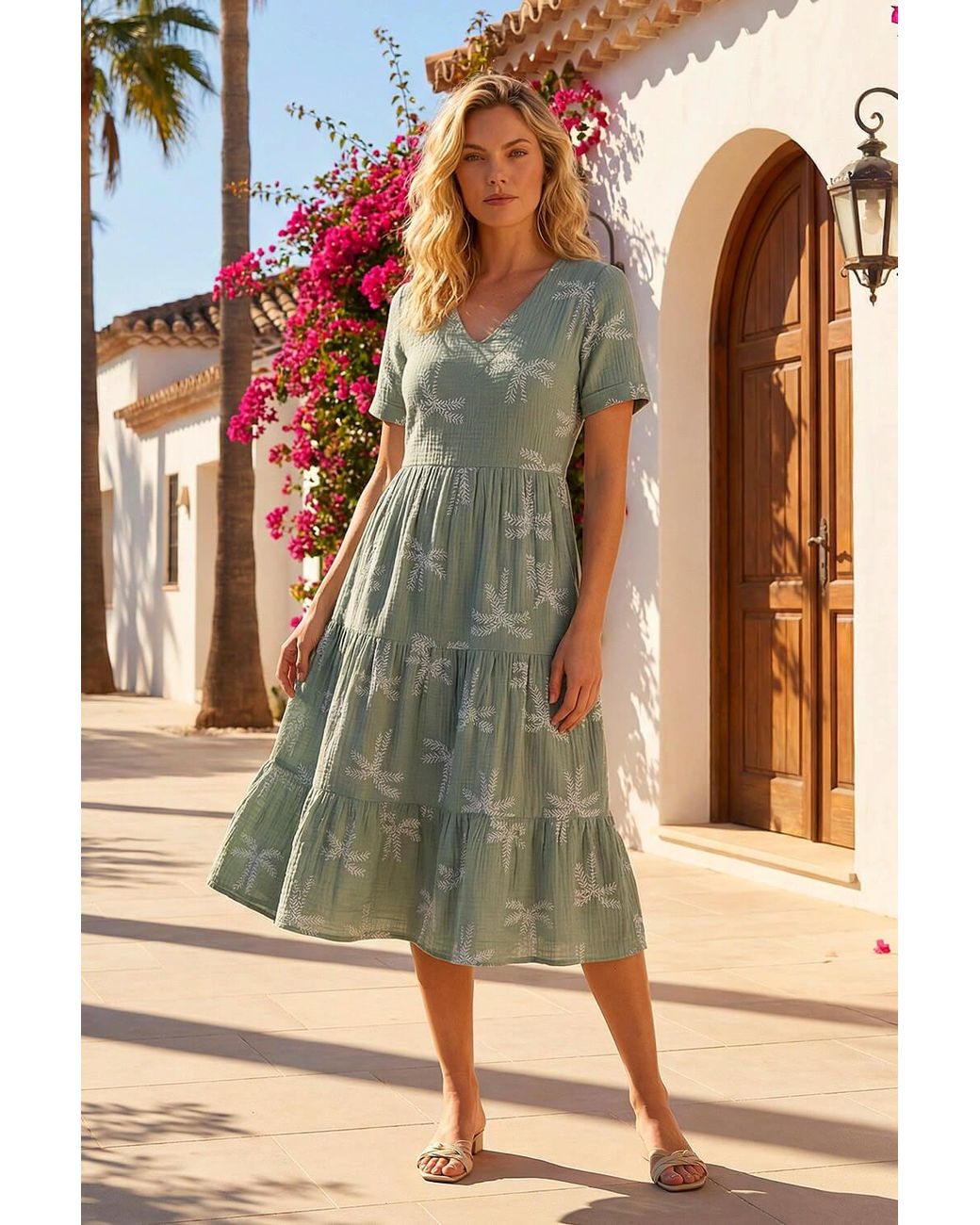 Roman Green Palm Print Textured Midi Dress