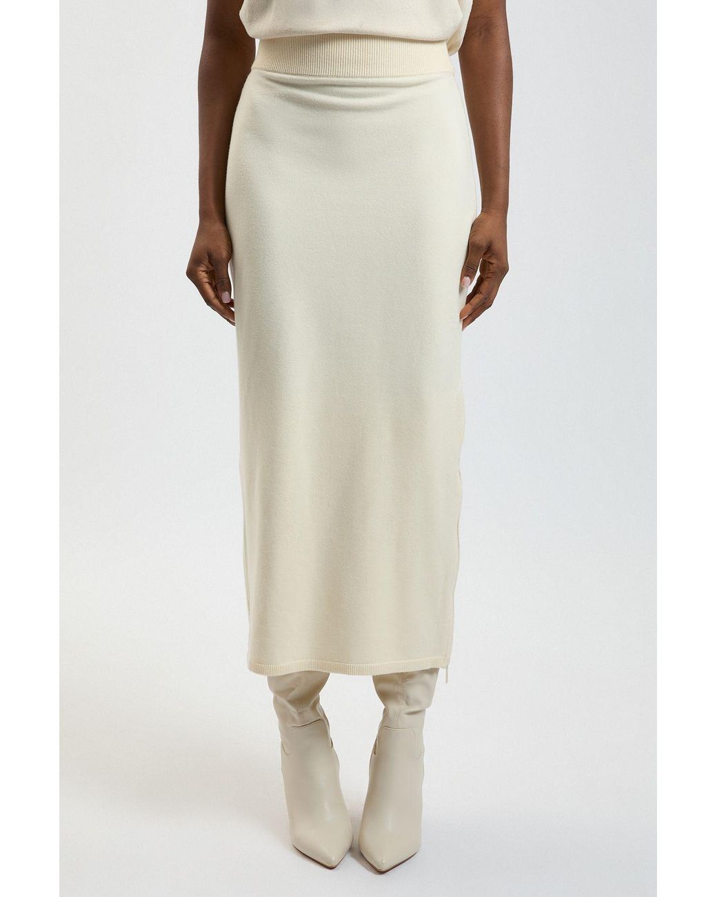 Karen Millen Natural Wool Look Side Split Detail Knit Midi Skirt