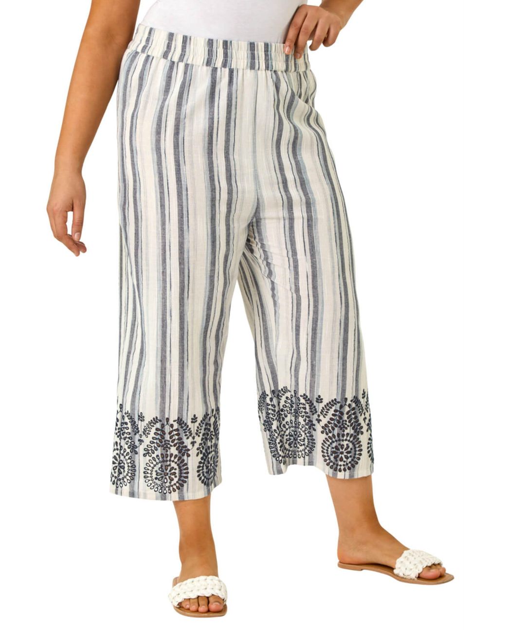 Roman White Curve Cropped Broderie Trousers