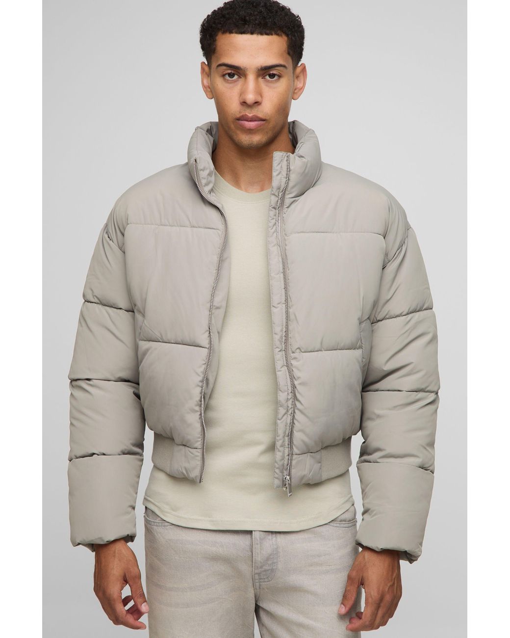 BoohooMAN Gray Boxy Funnel Neck Bomber Hem Puffer Jacket for men