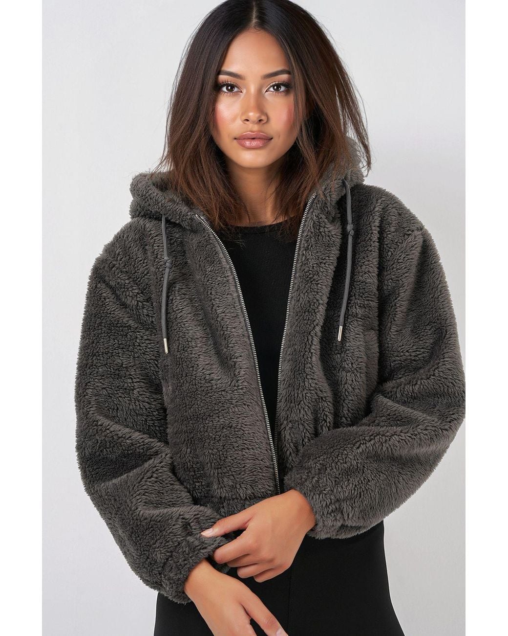 Bigdart Gray Crop Plush Zip-Front Hoodie