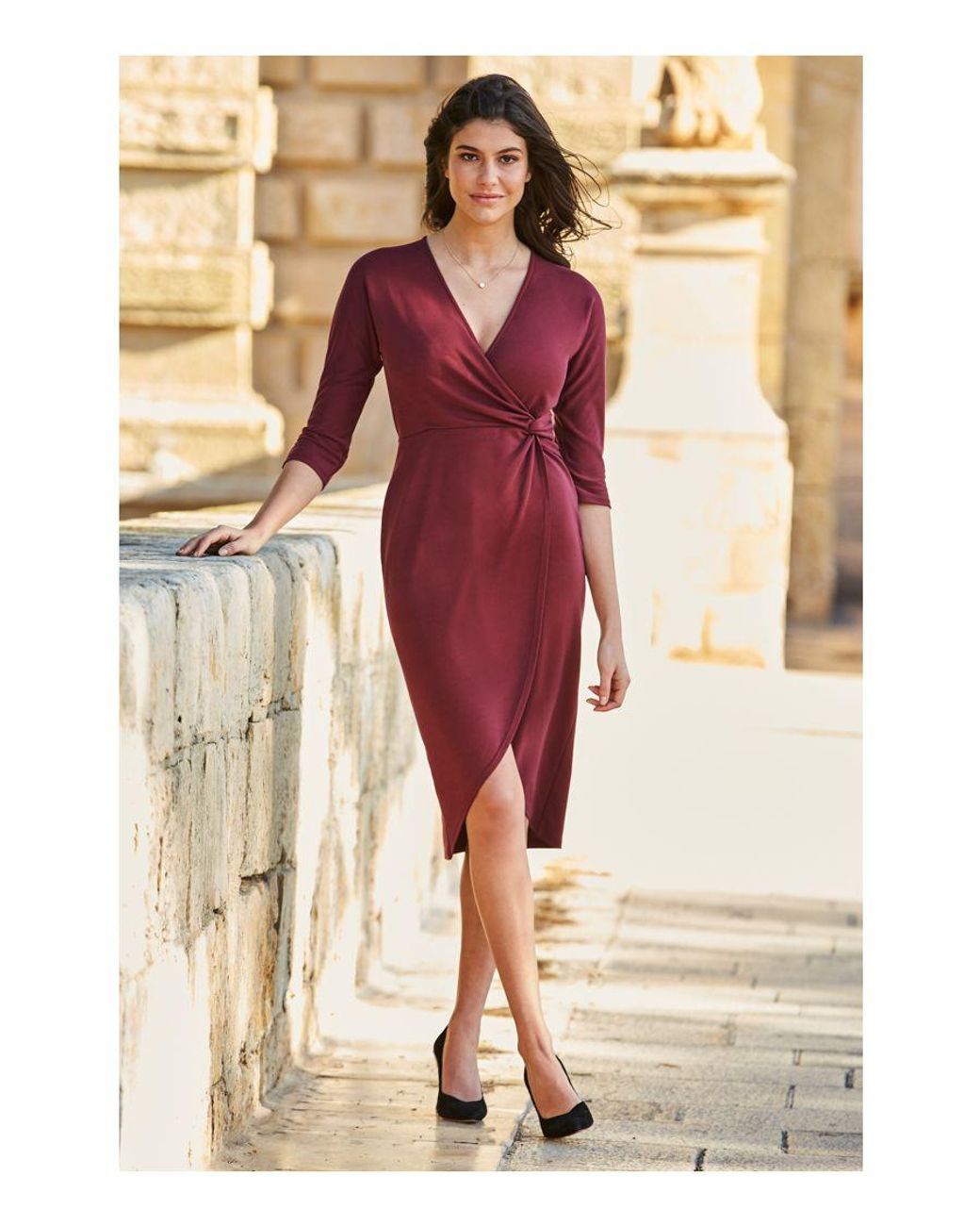 Sosandar Pink Burgundy Twist Front Soft Jersey Dress