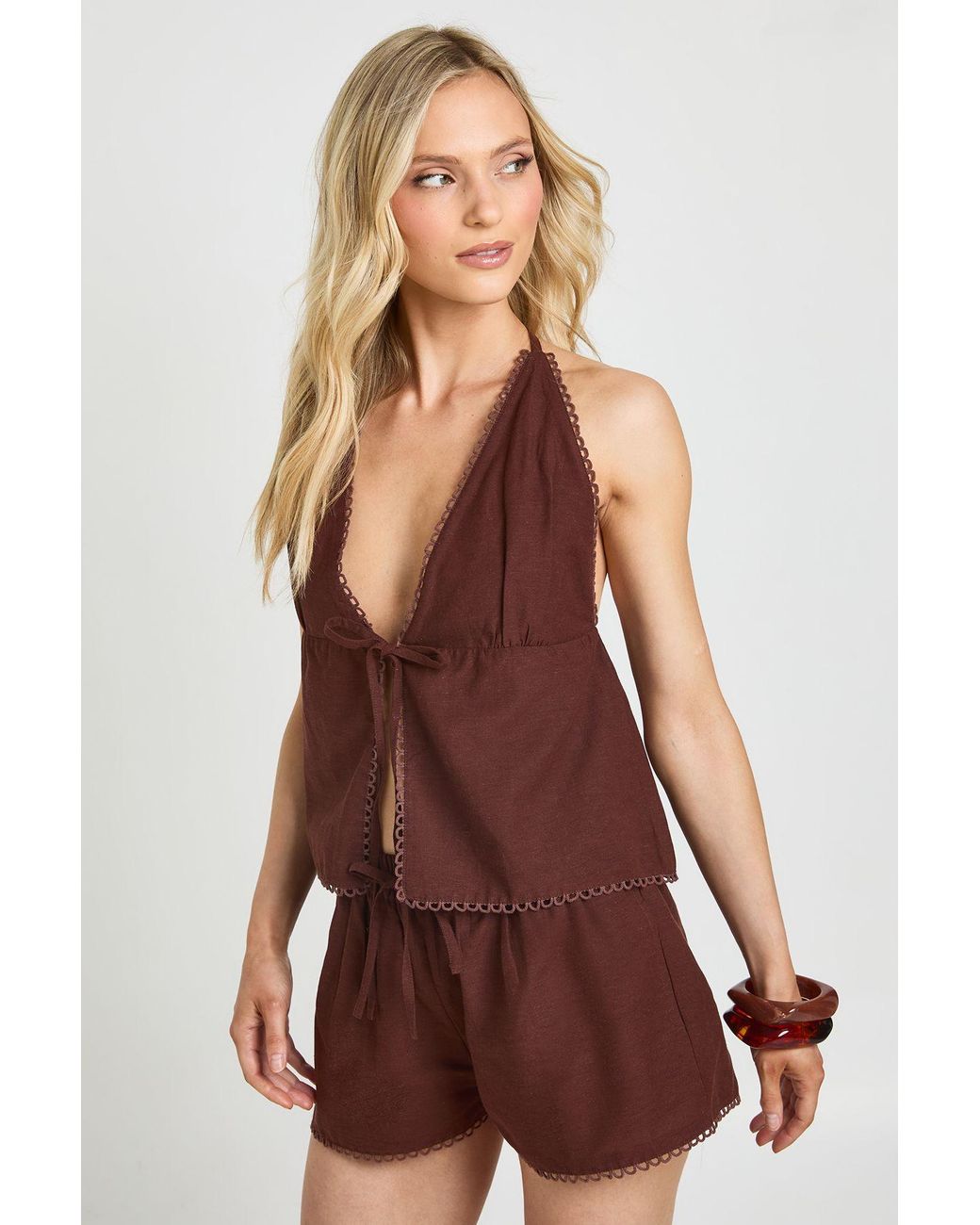 Boohoo Red Petite Linen Look Halterneck Top And Shorts Set