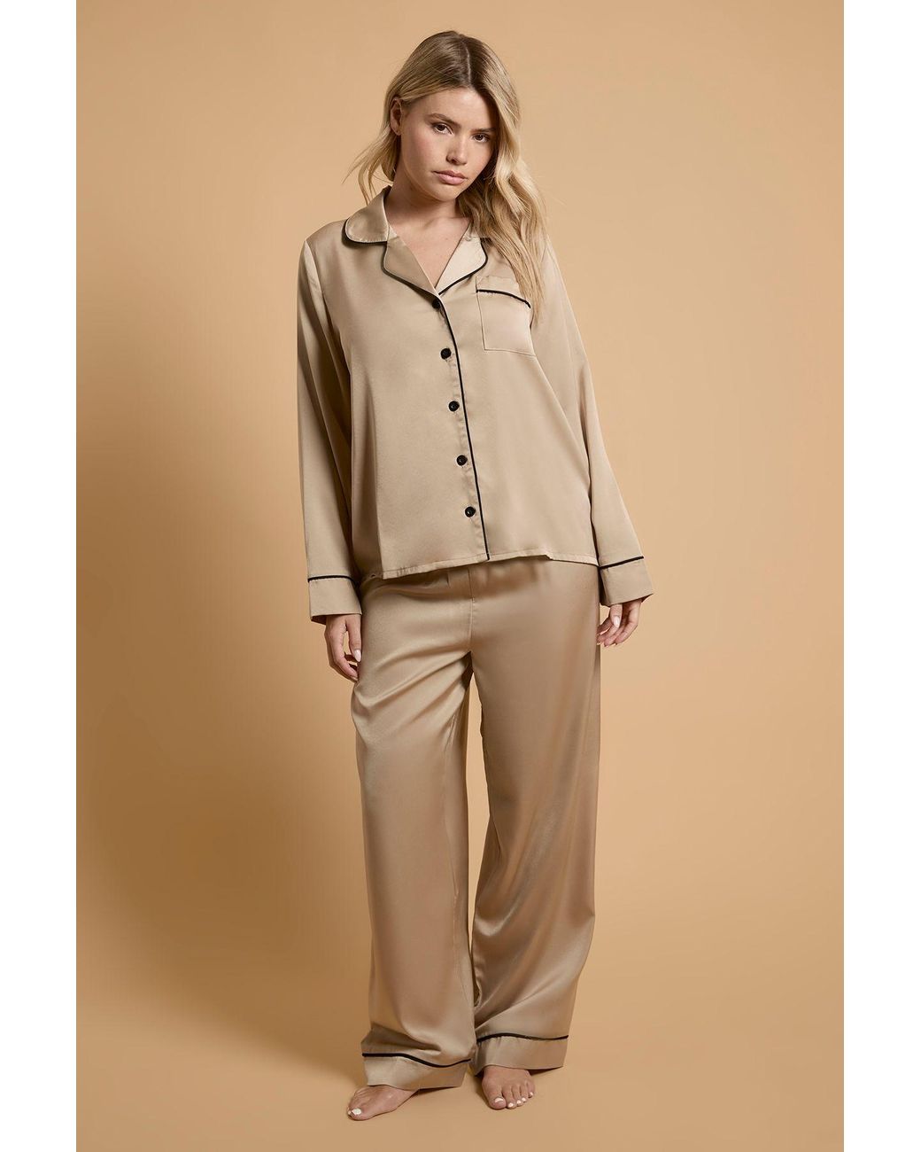 Oasis Natural Plain Satin Contrast Binding Nightwear Set