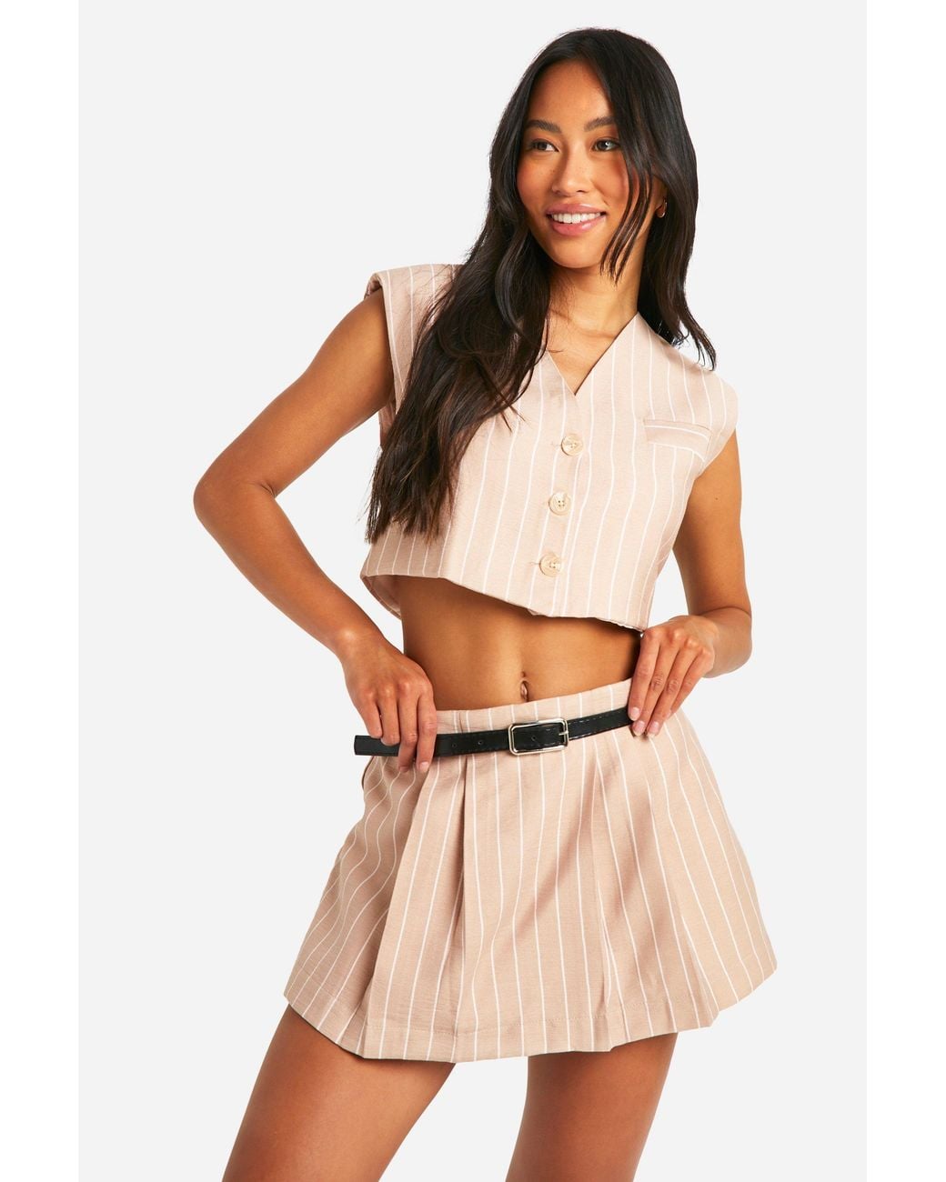 Boohoo Natural Woven Pinstripe Tailored Skort