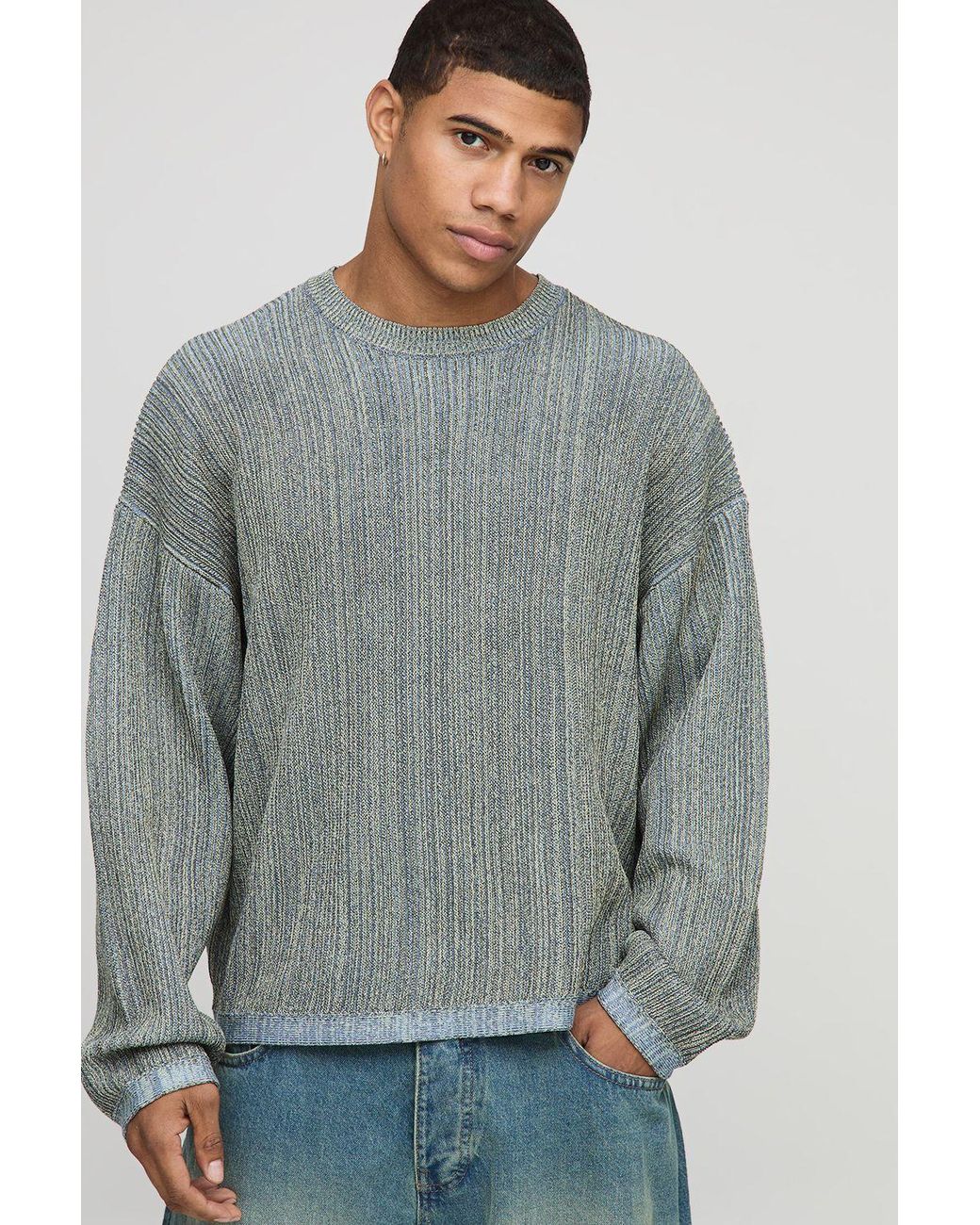 BoohooMAN Gray Oversized Boxy Ribbed Mixed Yarn Knitted Jumper for men