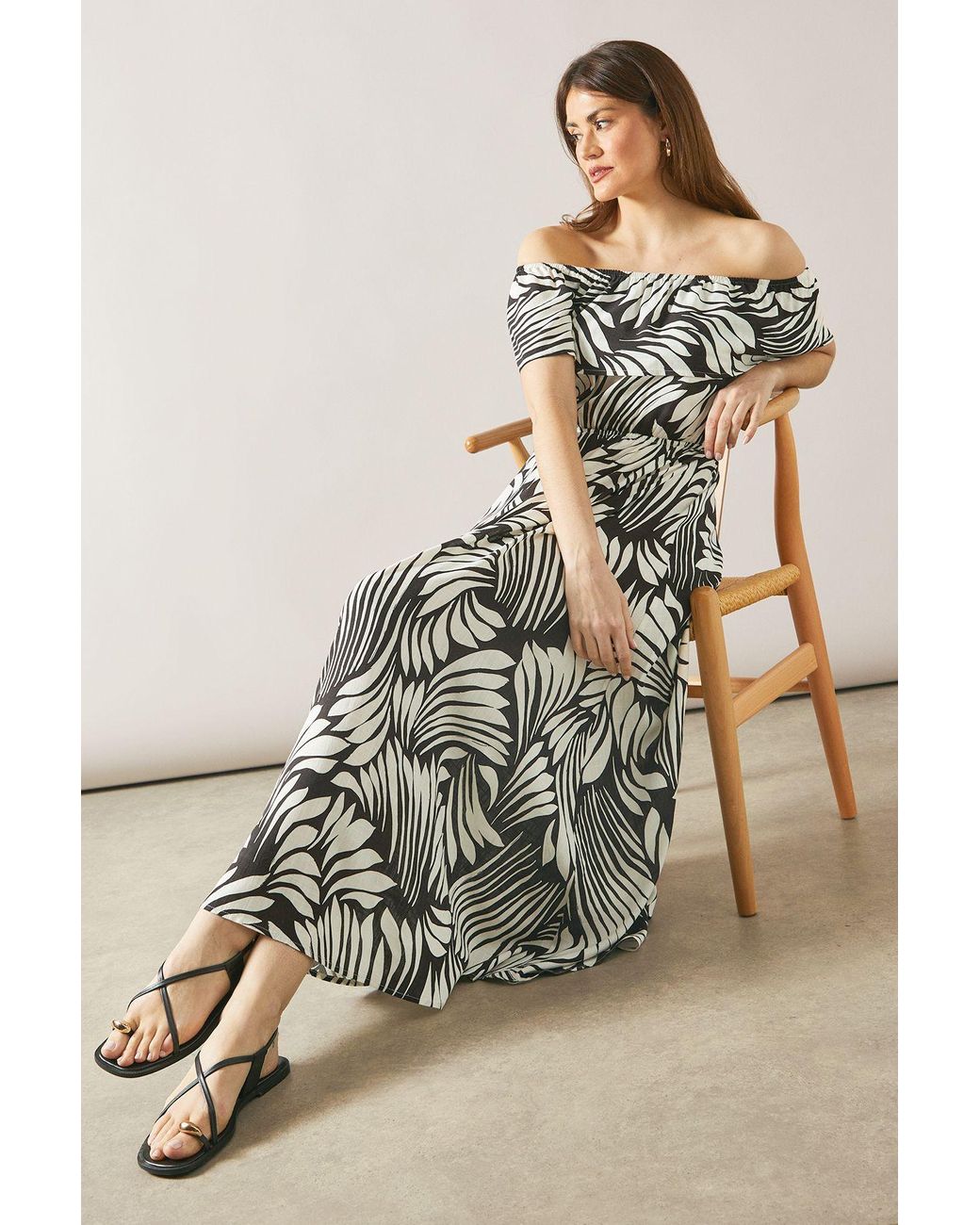 Wallis Abstract Print Bardot Midaxi Dress in Black Lyst UK