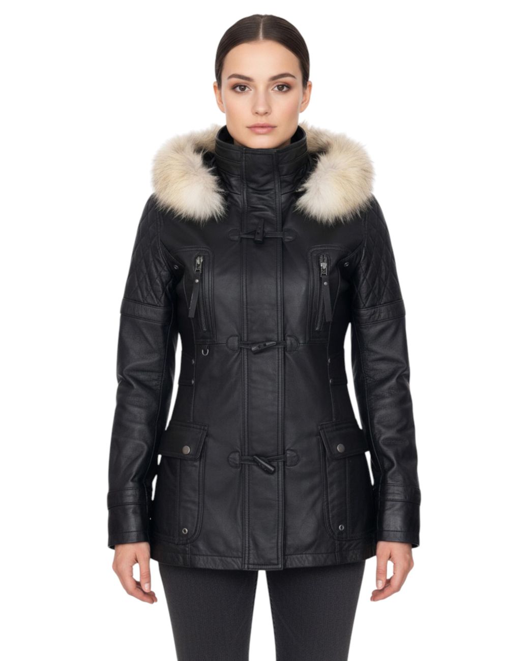 Infinity Leather Black Lamb Quilted Parka Fur Hood Jacket- Duchess