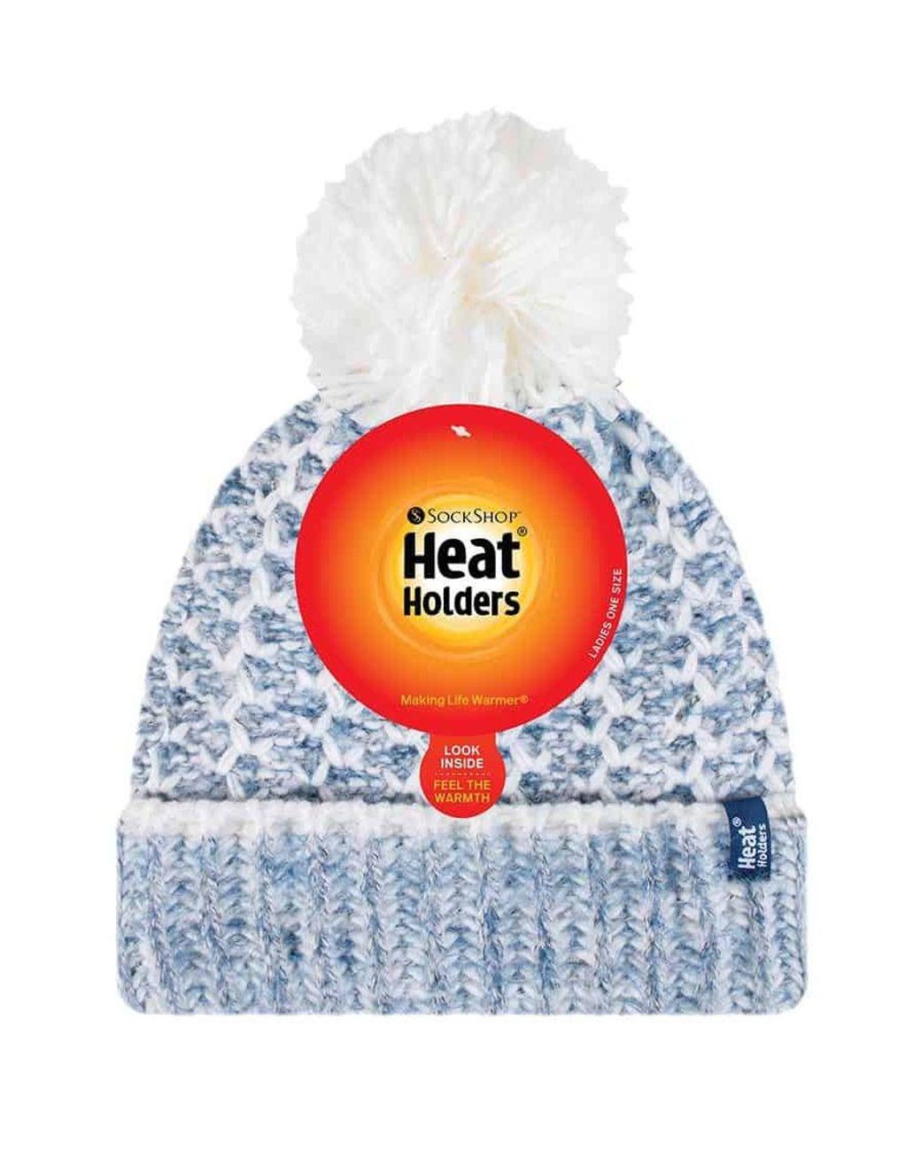 Heat Holders Blue Ladies Fleece Lined Cuffed Thermal Winter Bobble Hat With Pom Pom