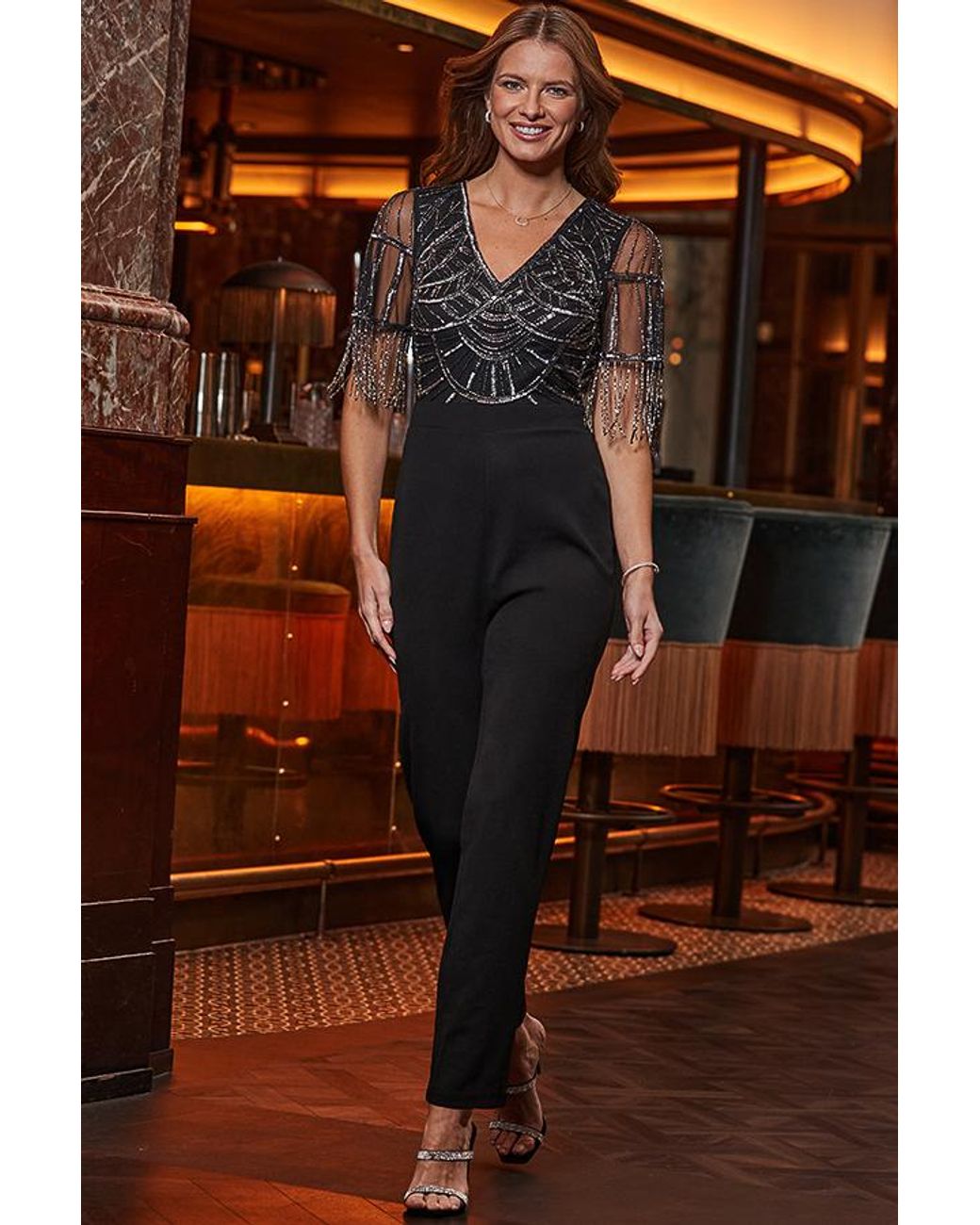 Sosandar Black Beaded Tassel Jumpsuit