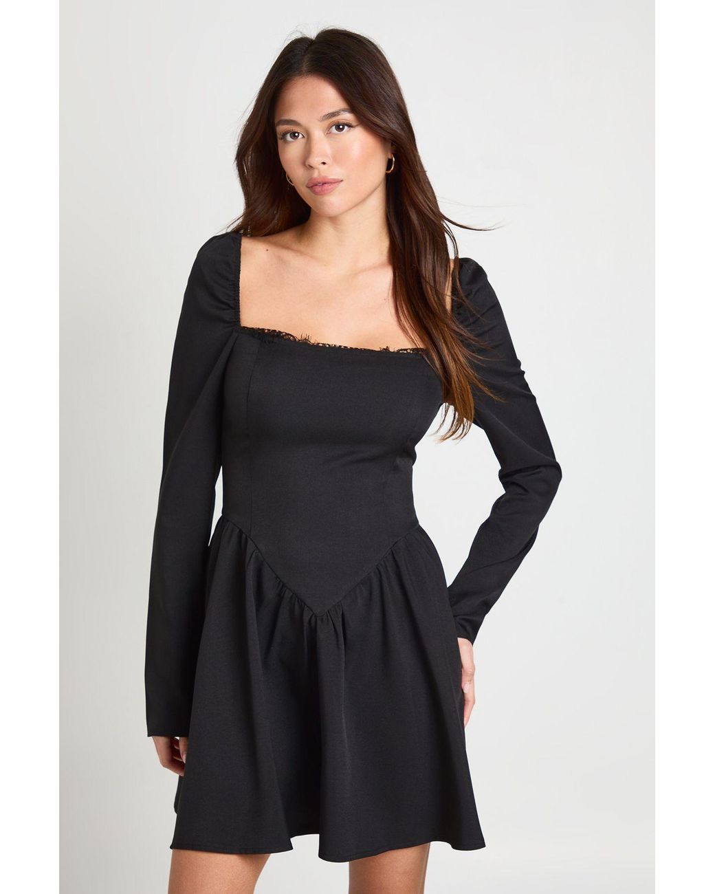 Boohoo Black Lace Trim Drop Waist Milkmaid Dress