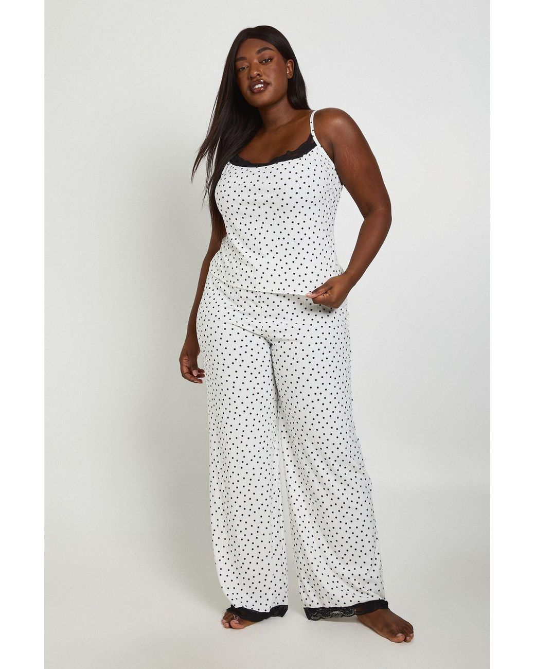 Boohoo White Plus Polka Dot Cami And Trouser Pyjama Set