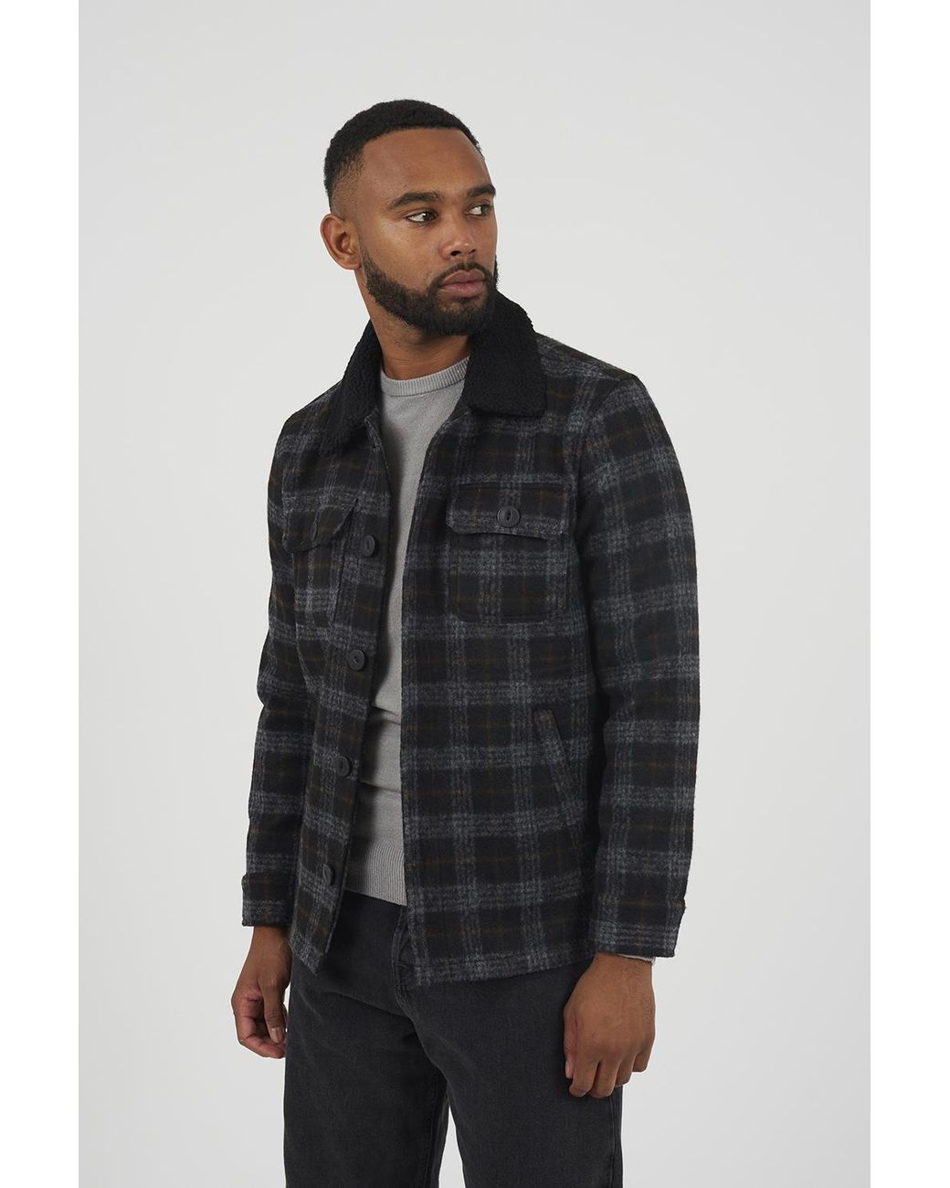 Brave Soul Black Checked Jacket With Sherpa Collar for men
