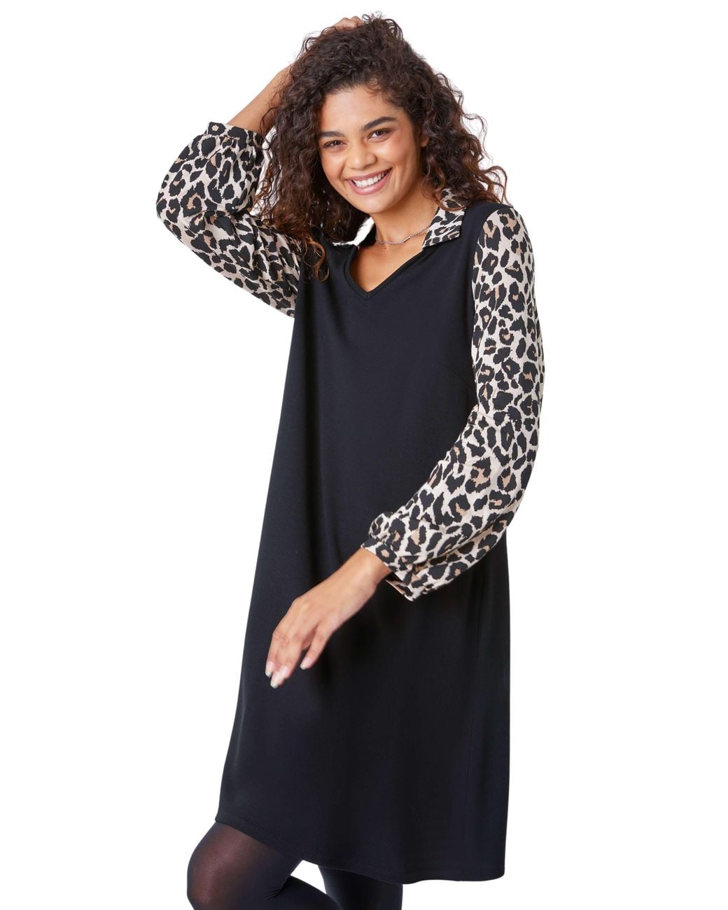 Roman Black Contrast Leopard Print Swing Dress