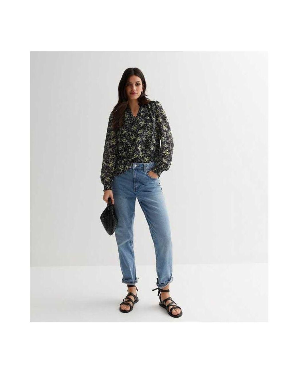 Gini London Black Dobby Floral Shirred Neck Long Sleeves Blouse