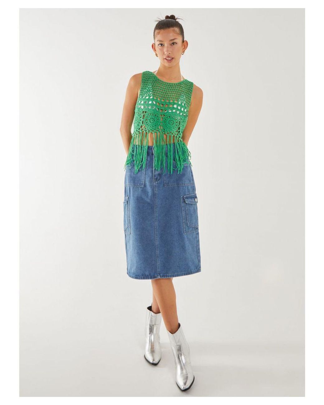 Pink Vanilla Green Tassel Hem Crochet Knit Top