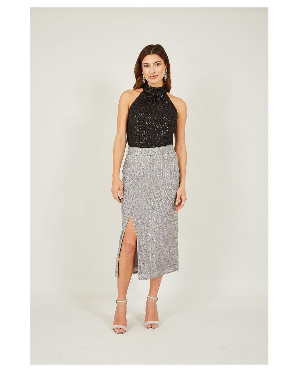 Yumi Silver Sequin Fitted Skirt With Front Slit in White Lyst UK