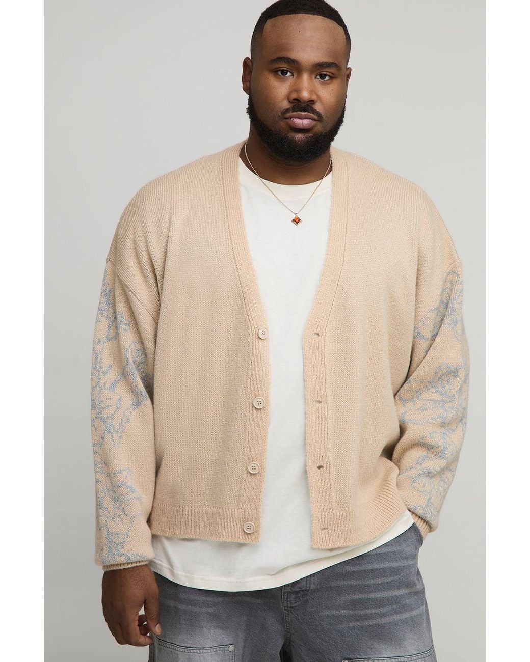 BoohooMAN Natural Plus Boxy Oversized Fluffy Floral Jacquard Knitted Cardigan for men