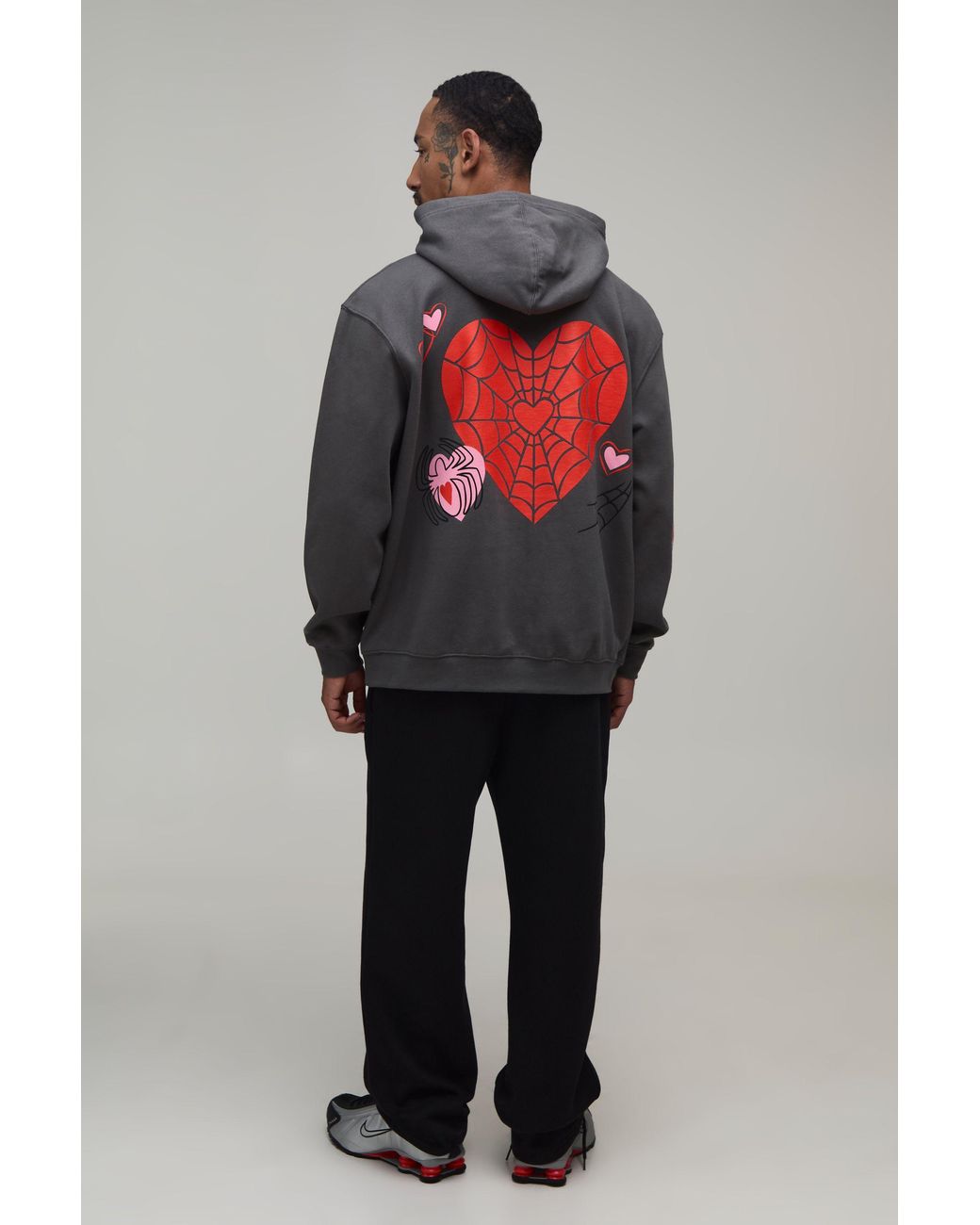 BoohooMAN Gray Oversized Spiderman Multi Print License Hoodie for men
