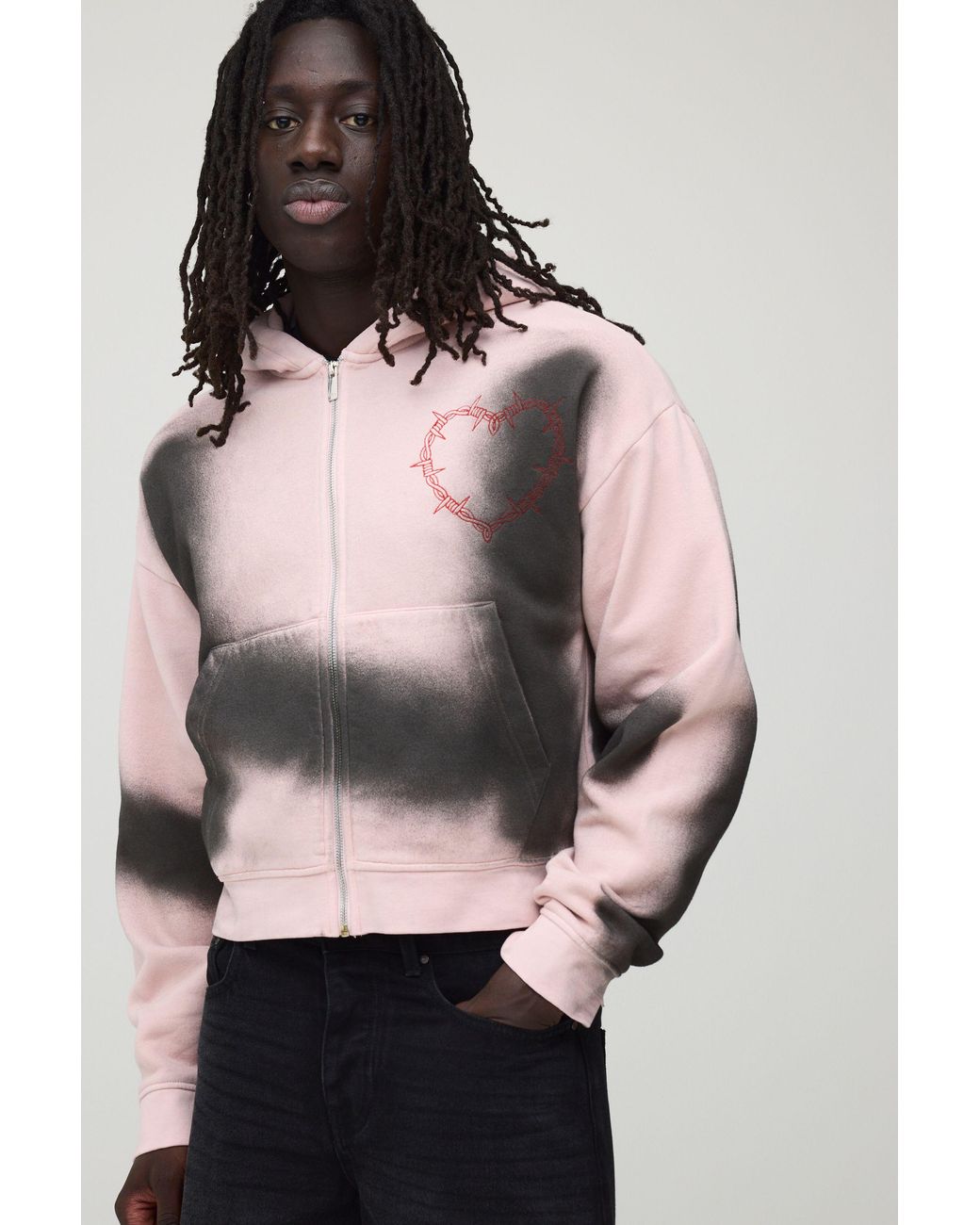 BoohooMAN Pink Shrunken Fit Dirty Wash Gothic Heart Zip Through Hoodie for men