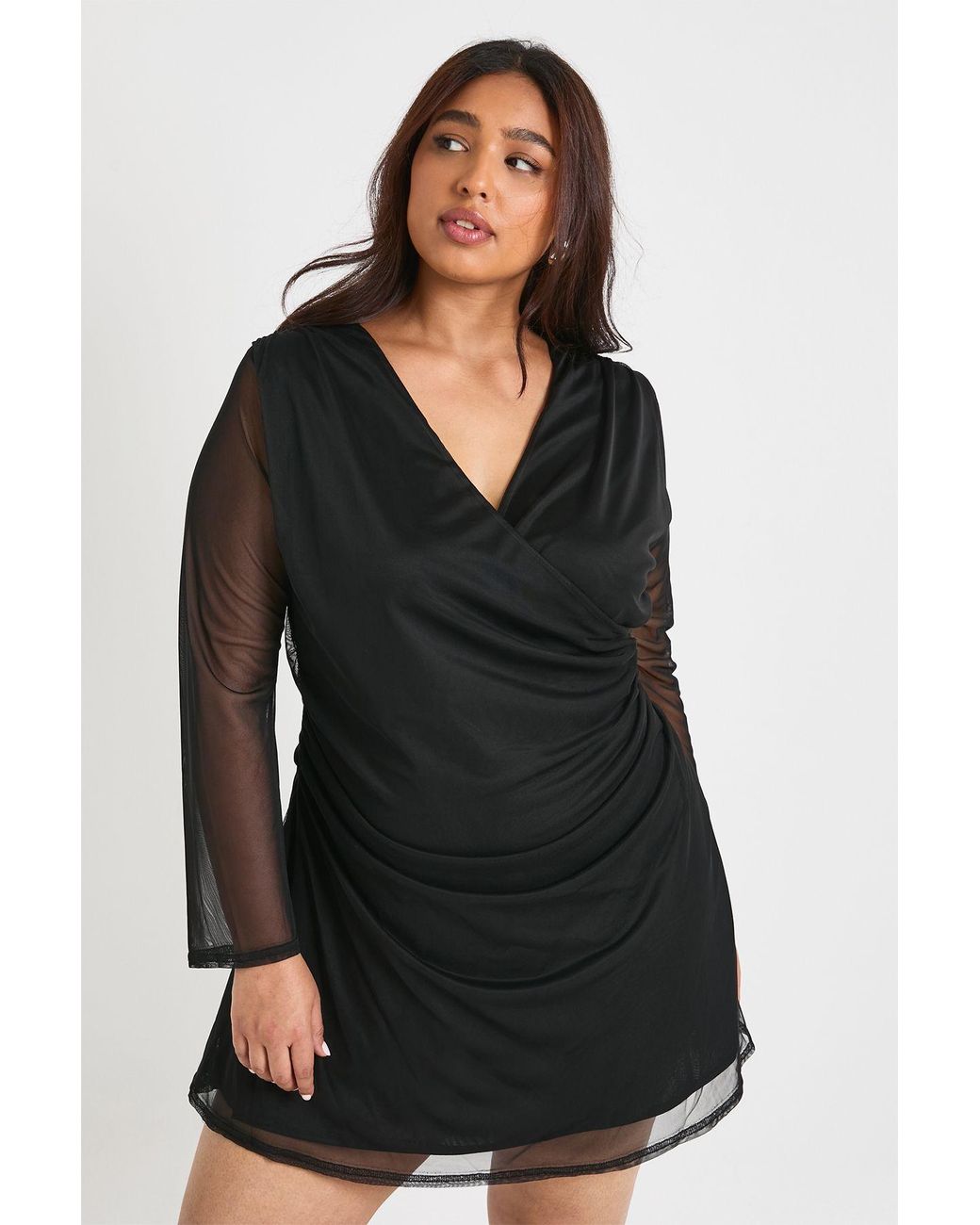 Boohoo Black Plus Mesh Wrap Mini Dress