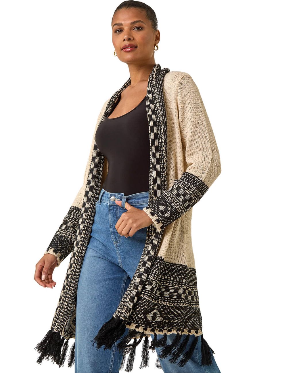 Roman Blue Nordic Pattern Fringe Detail Cardigan