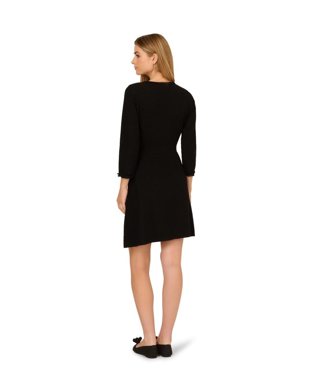 Adrianna Papell Black Waffle Textured Fit And Flare Knee Length Sweater Dress