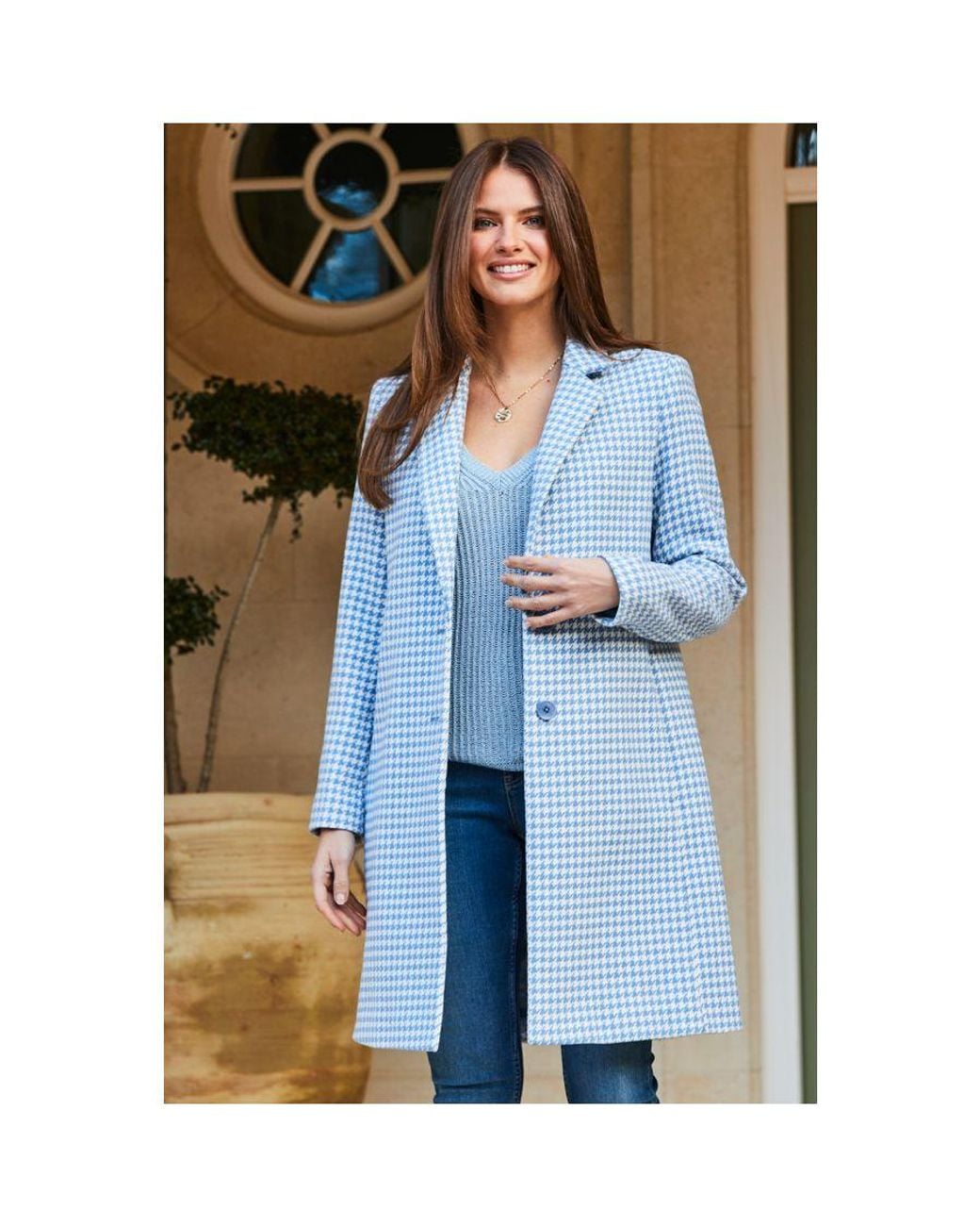 Sosandar Blue Dogtooth Print Wool Mix Coat