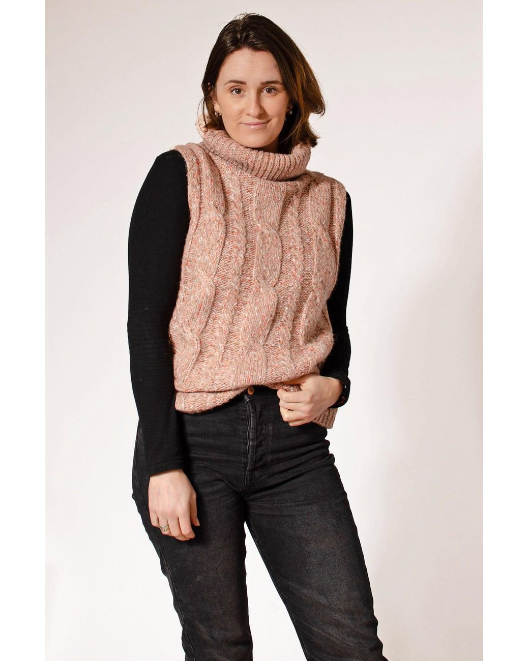 John Lewis Black Blush Sleeveless Cable Knit Roll Neck Jumper