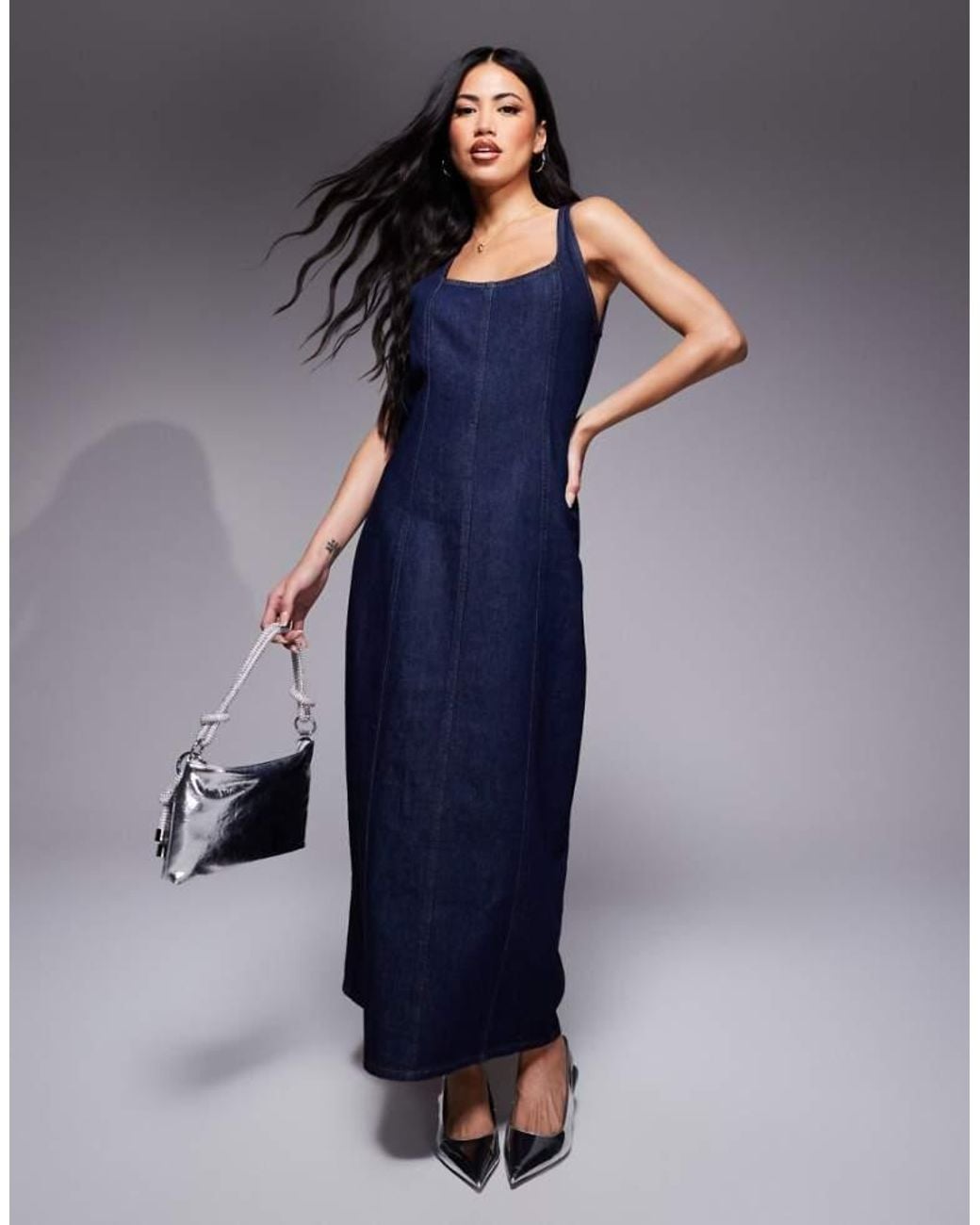 ASOS Blue Seamed Denim Maxi Dress