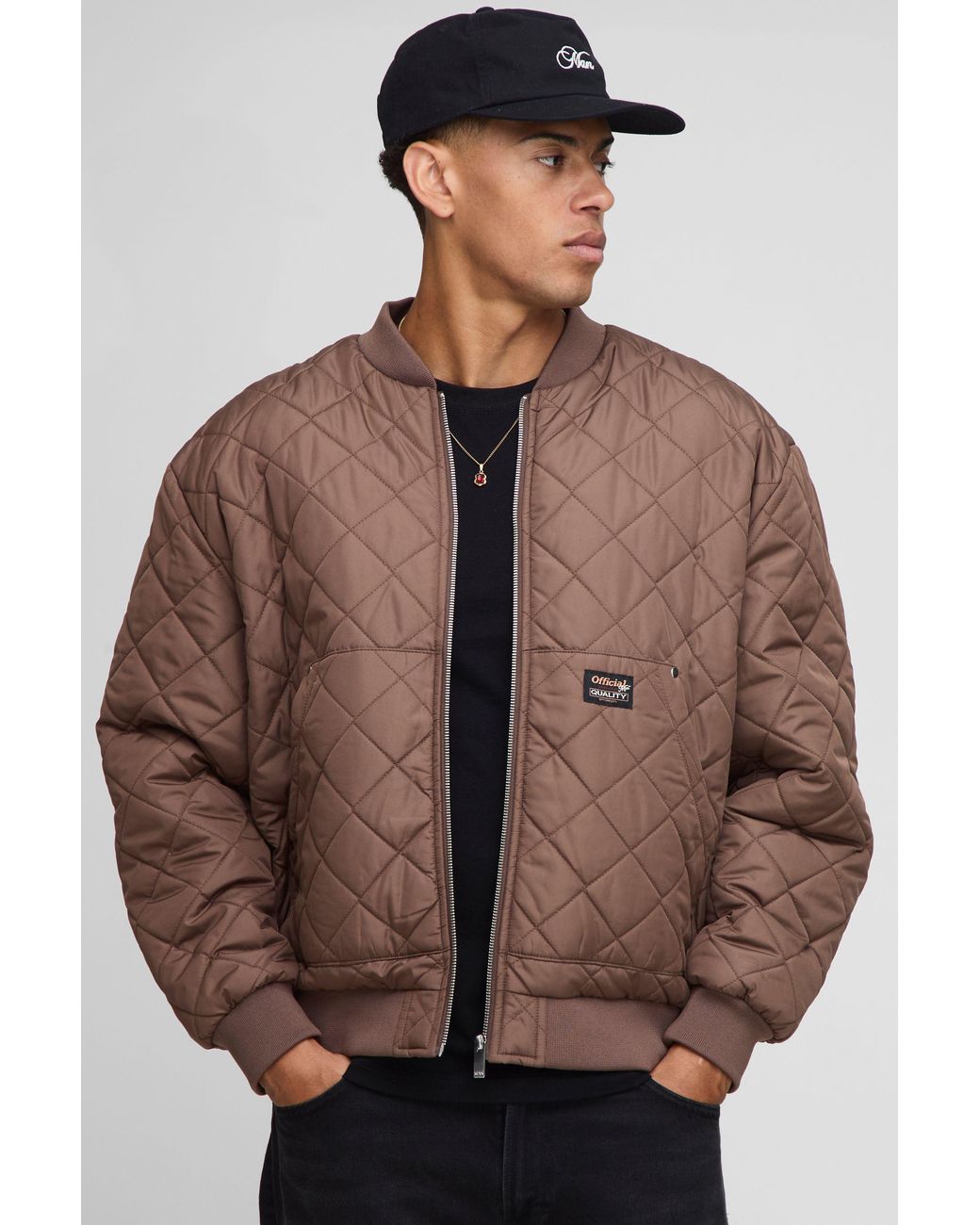 BoohooMAN Brown Oversized Diamond Quilted Liner Bomber Jacket for men