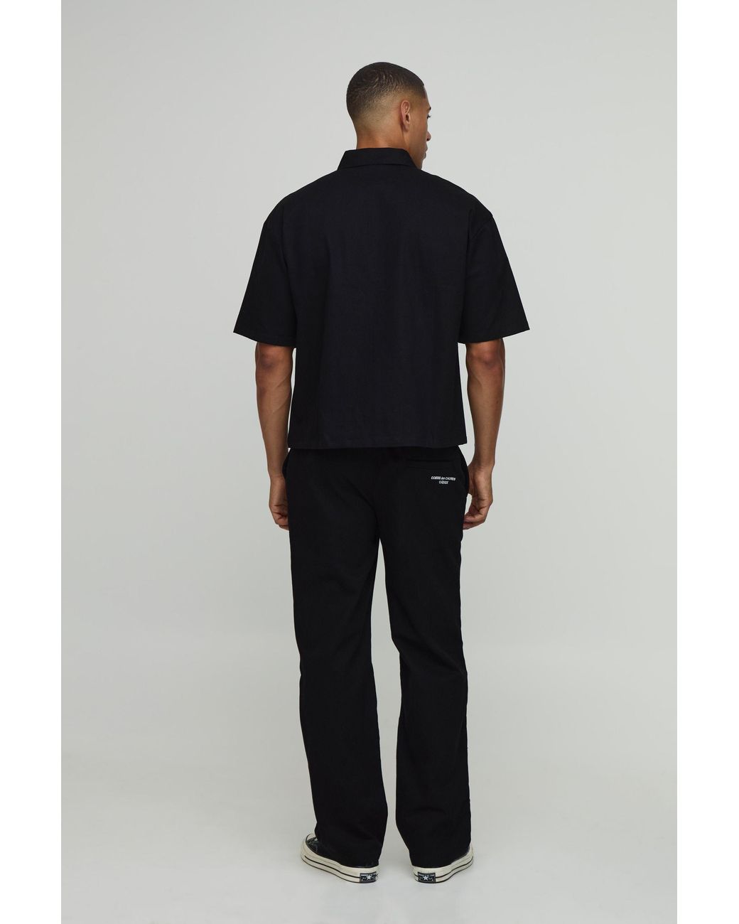 BoohooMAN Black Oversized Pocket Embroidered Twill Zip Up Shirt & Relaxed Trouser Set for men