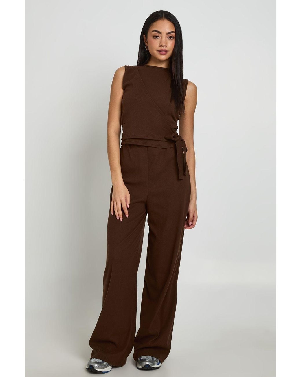 Boohoo Brown Rib Wrap Waist Wide Leg Co Ord