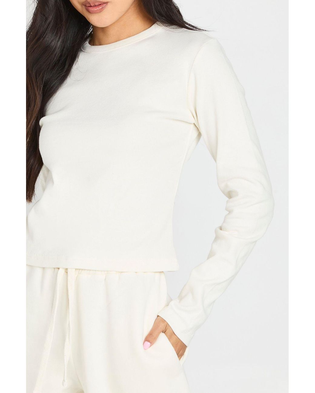Boohoo White Petite Crew Neck Long Sleeve Top And Straight Leg Jogger Tracksuit
