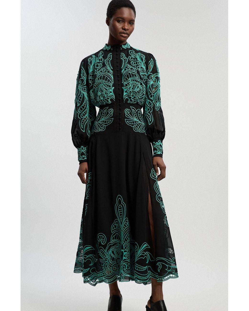 Karen Millen Green Cutwork Beaded Embroidered Woven Maxi Dress