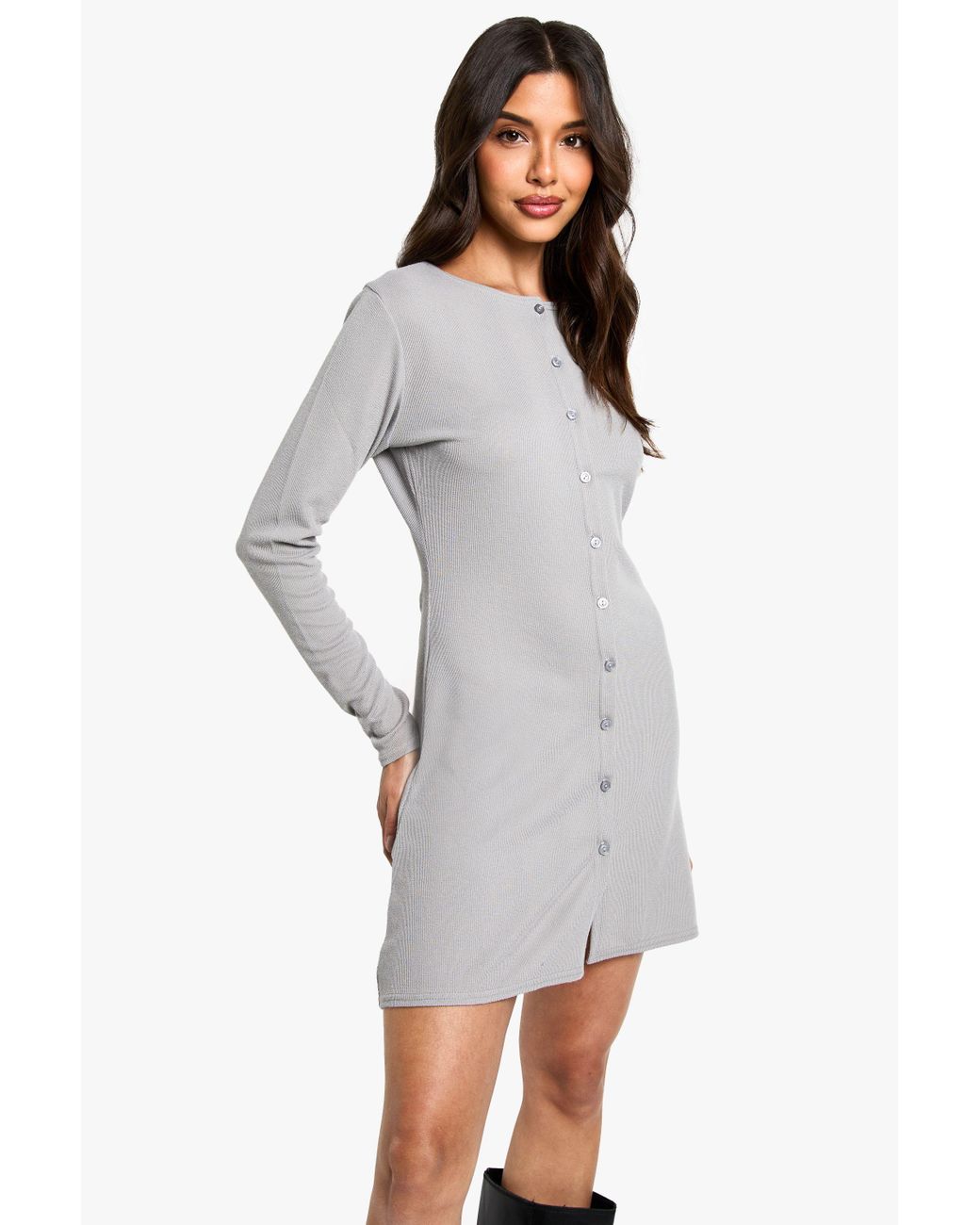 Boohoo Gray Ribbed Button Down Smock Mini Dress
