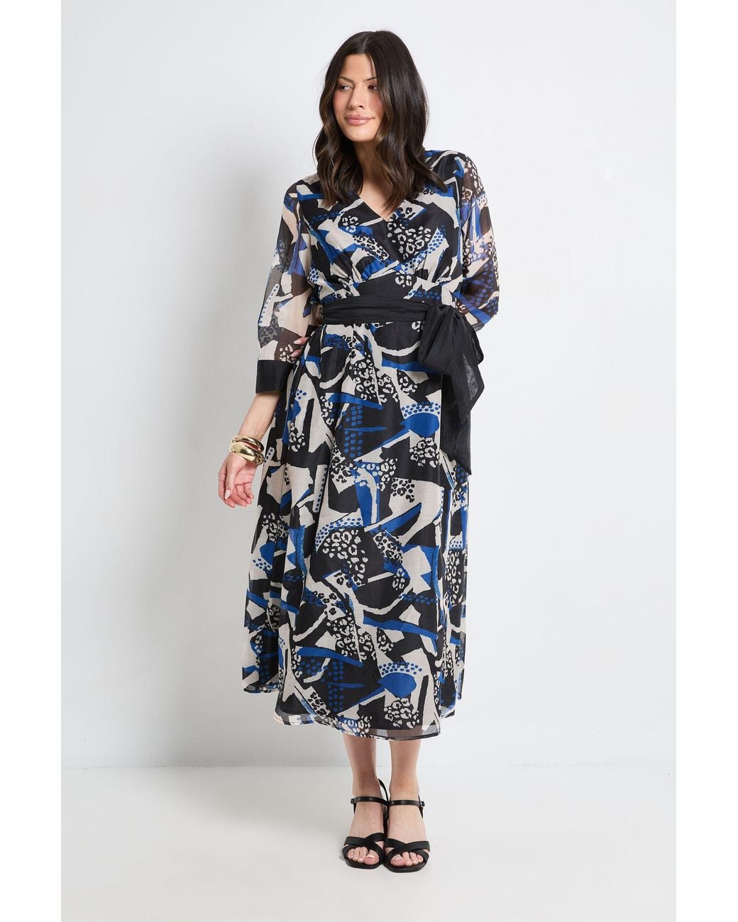PRINCIPLES Blue Mix Print Organza Belted Midi Dress