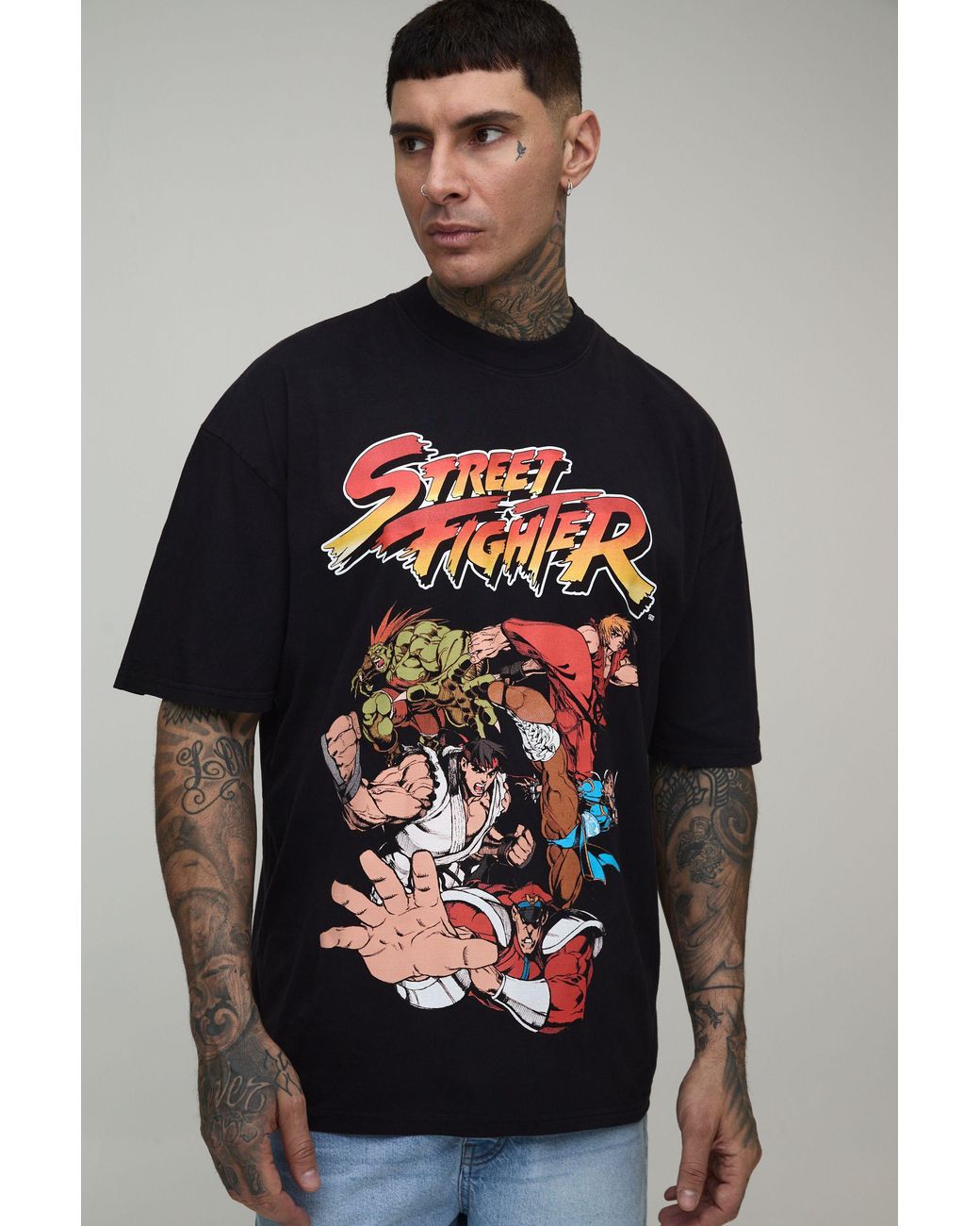 BoohooMAN Gray Tall Oversized Street Fighter License Acid Wash Printed T-Shirt for men