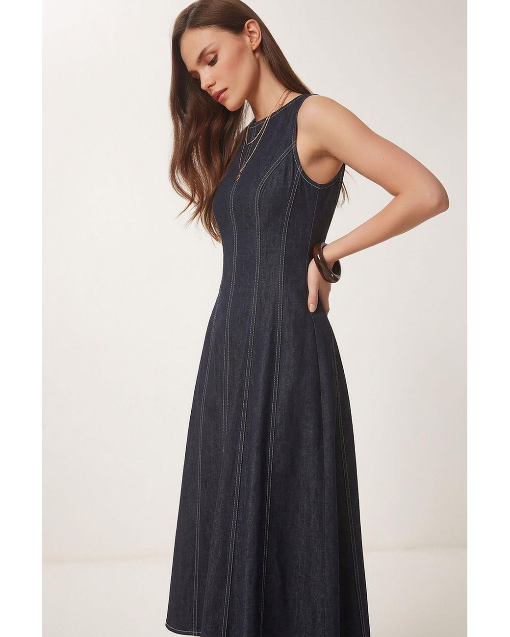 Happiness İstanbul Blue A-Line Midi Denim Dress With Crew Neck
