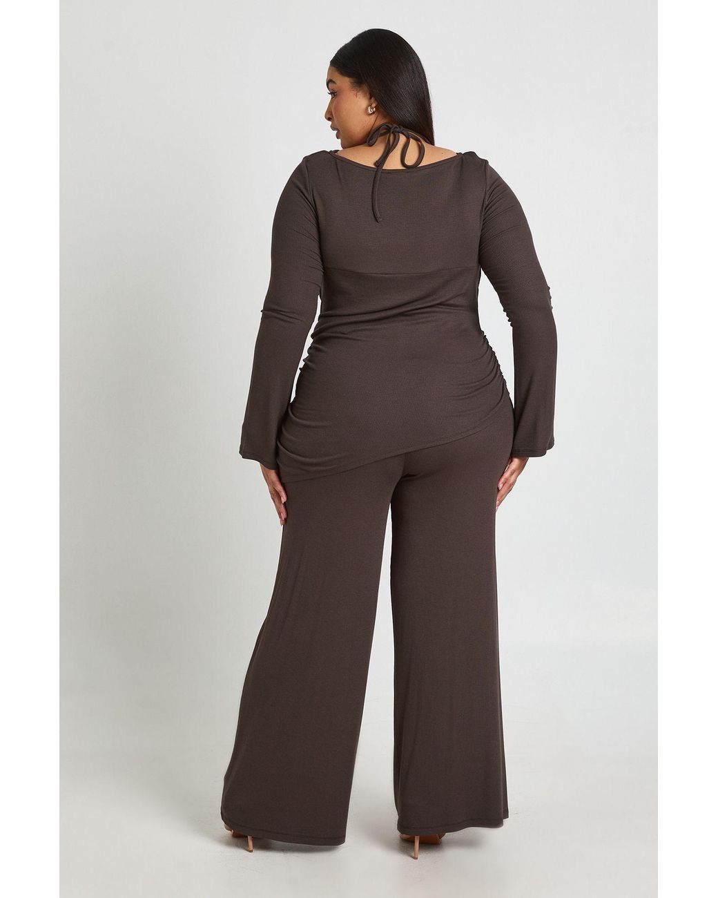 Boohoo Brown Plus Rib Double Layer Long Sleeve Asymmetric Top