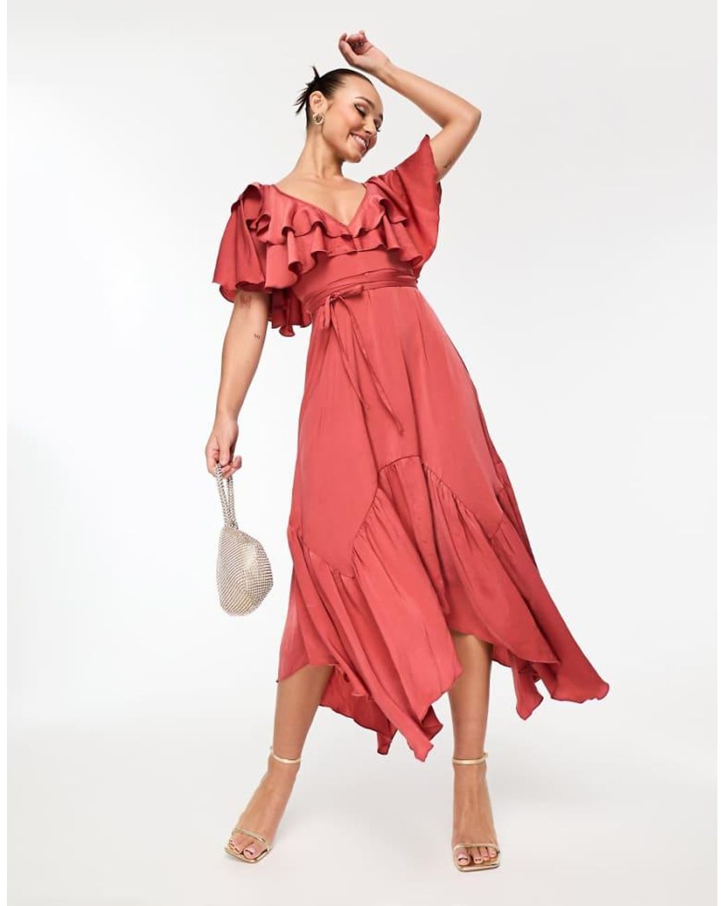 ASOS Red Satin V Front V Back Ruffle Midi Dress
