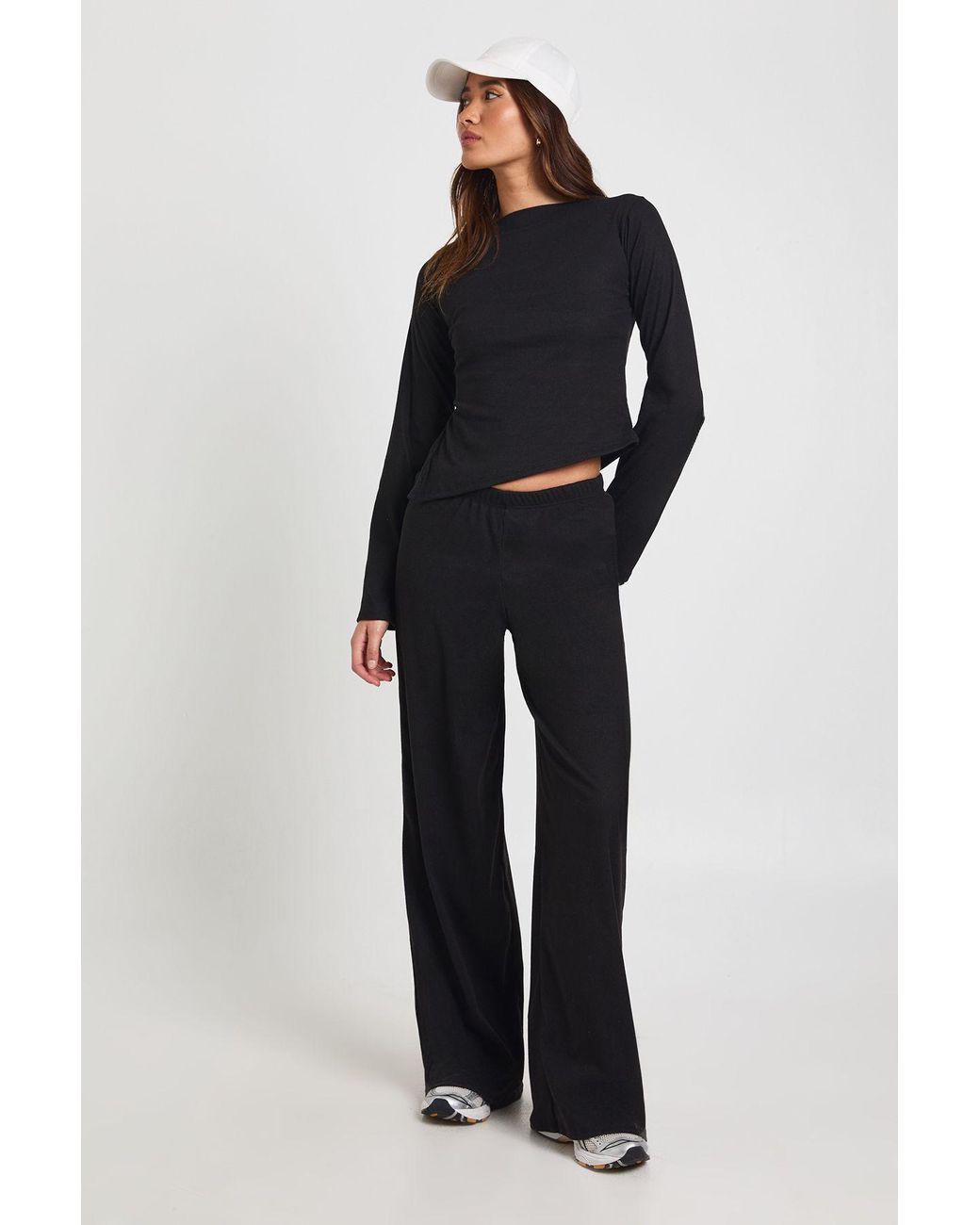 Boohoo Blue Rib Cinched Waist Long Sleeve Wide Leg Co Ord